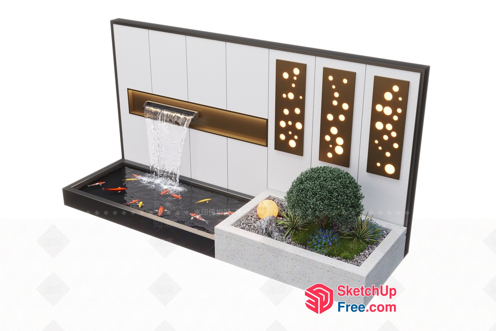 Modern Water Feature With Koi Fish And Wall Decor 3D SketchUp File