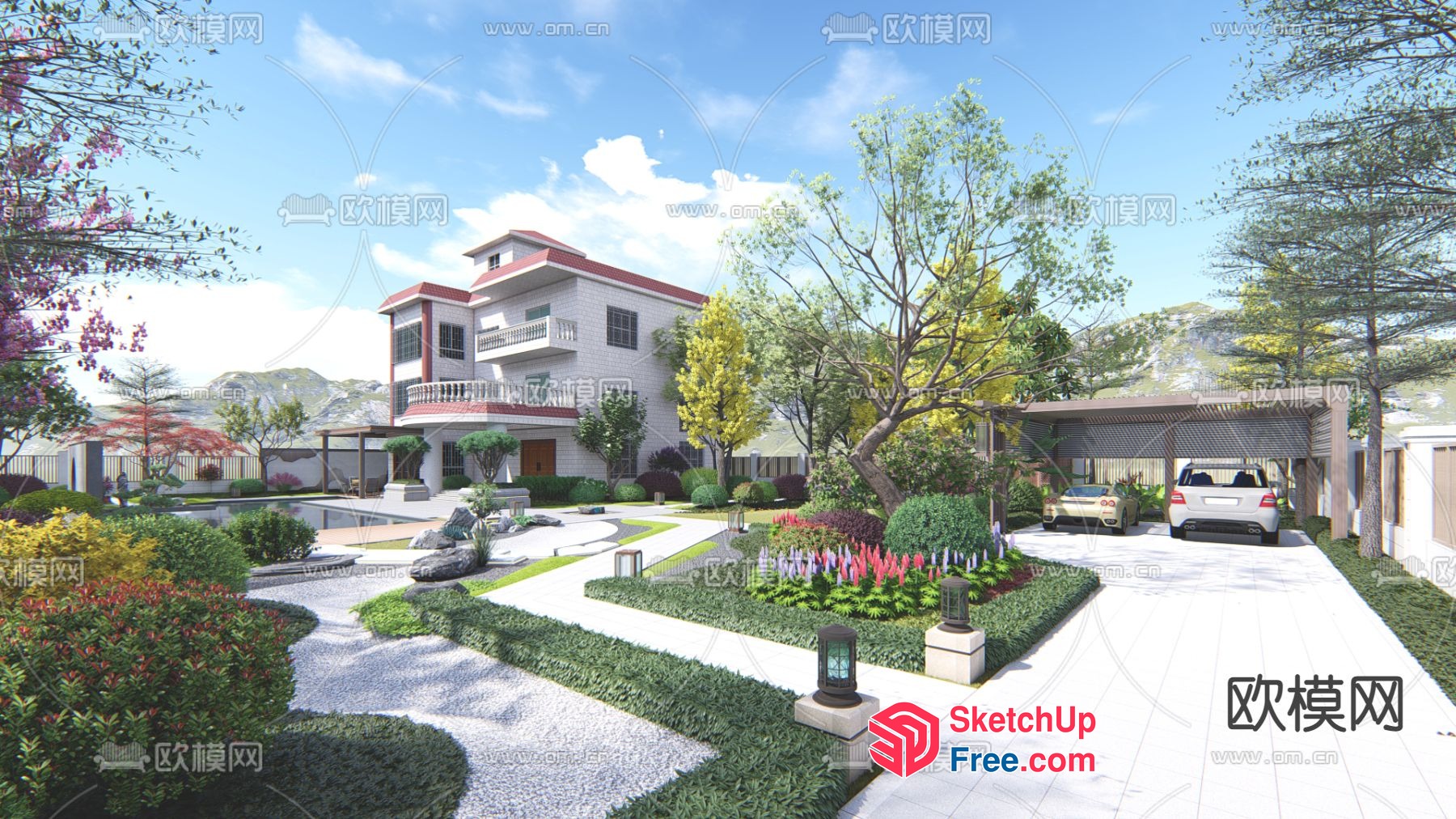 Elegant Modern Home Exterior With Lush Greenery And Serene Water Feature 3D SketchUp File