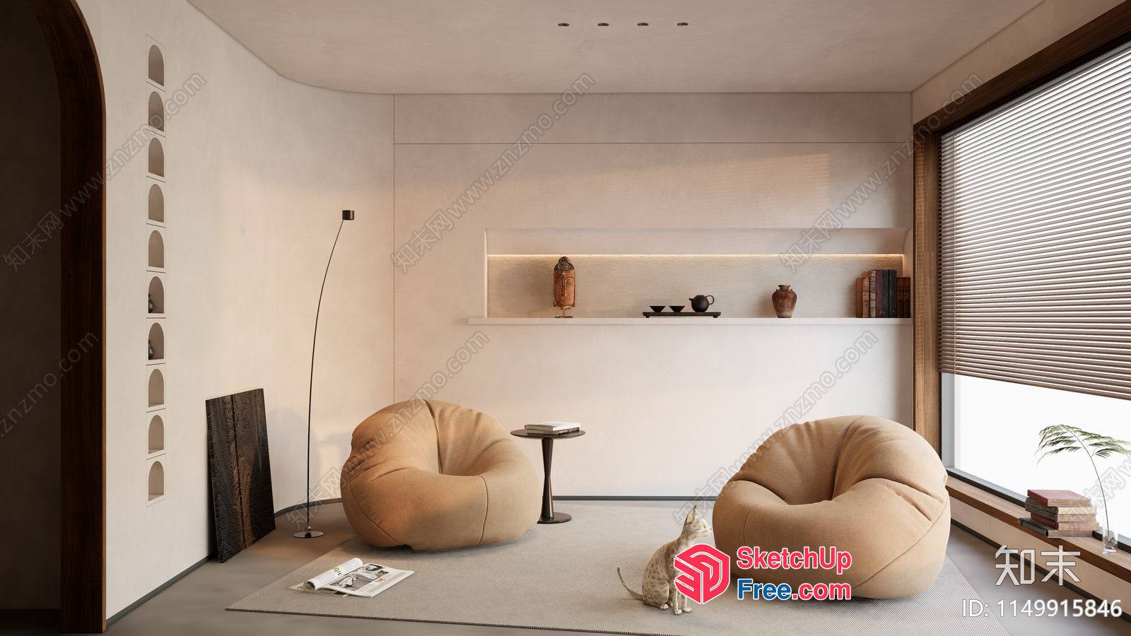 Minimalist Interior With Creamy Style Furniture And Animal 3D SketchUp File
