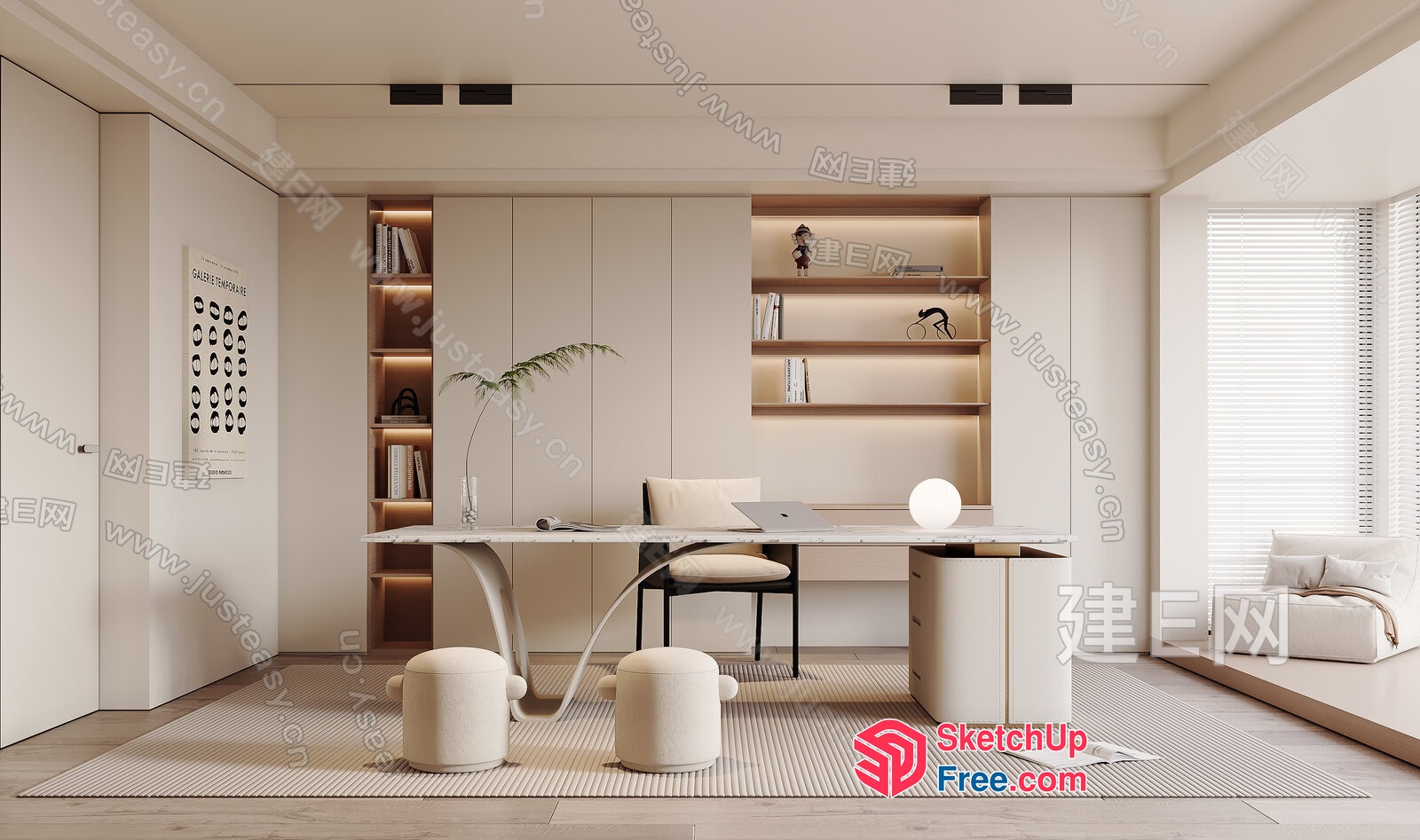 Modern Minimalist Office Space With Neutral Tones And Natural Light 3D SketchUp File