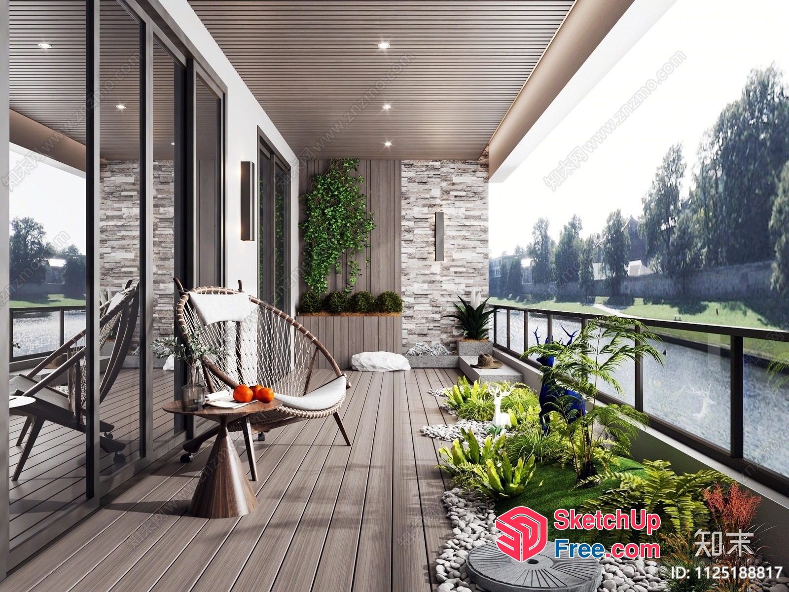 Modern Balcony With A Relaxing Seating Area And Lush Greenery 3D SketchUp File