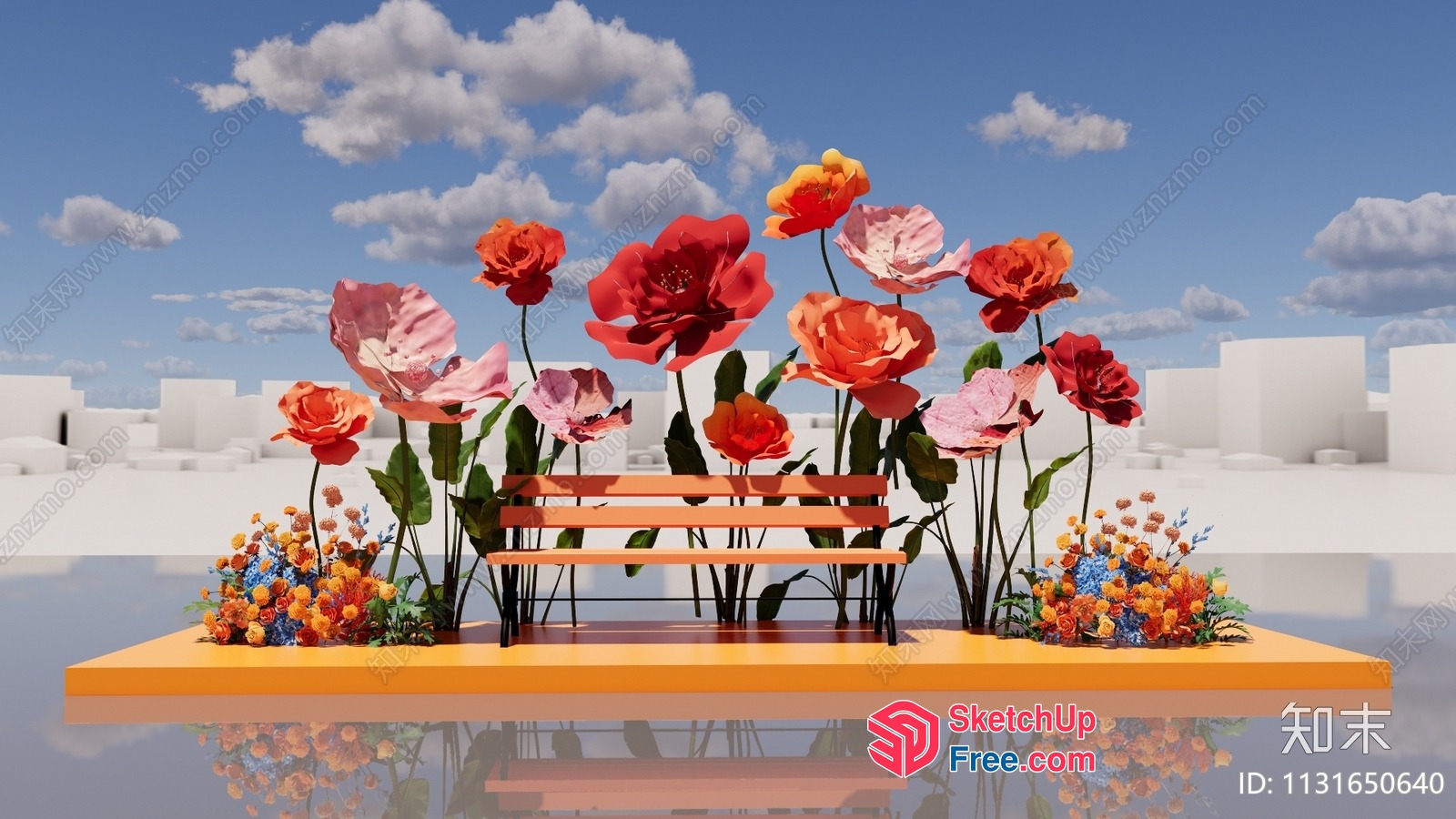 3D Rendering Of A Vibrant Flower Garden With A Bench 3D SketchUp File