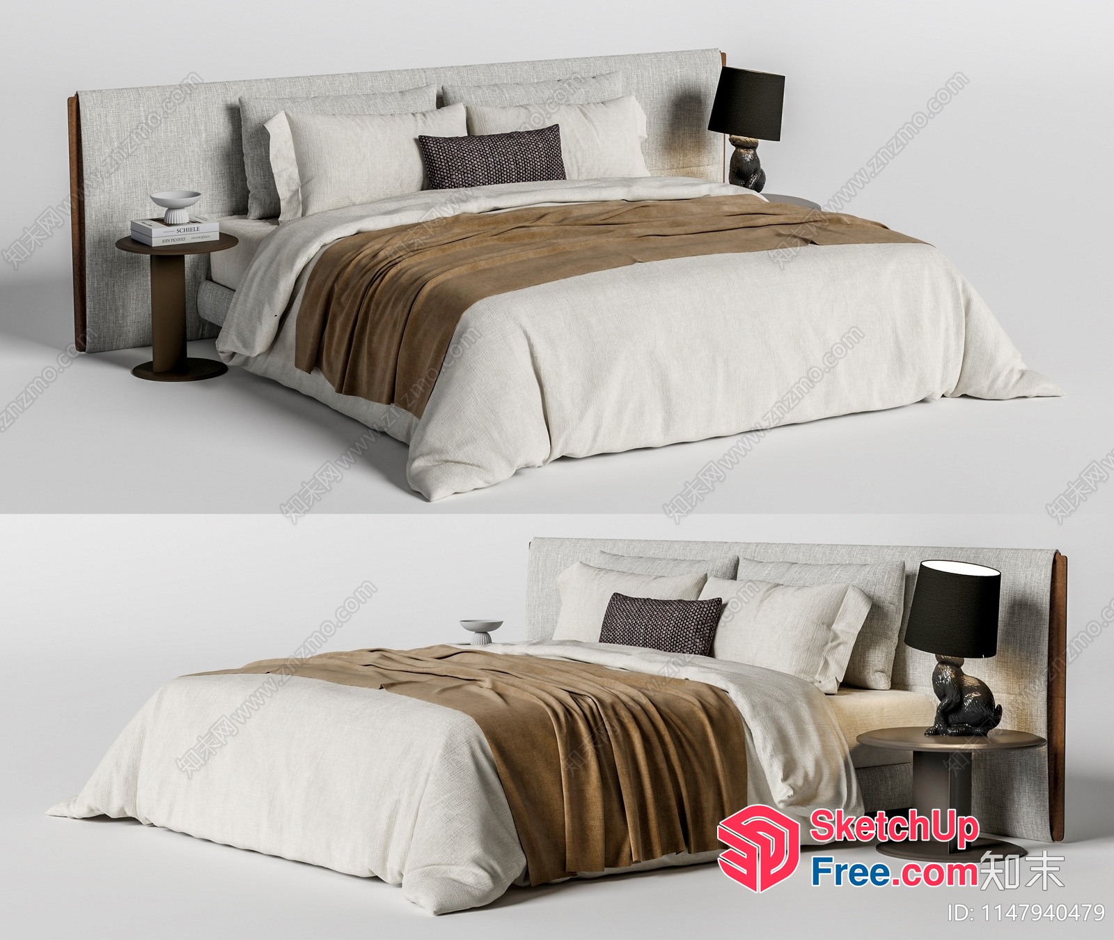 Modern Minimalist Bed With Pillows And Lamp 3D SketchUp File