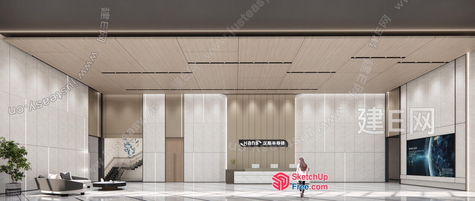 Modern Office Lobby With Sleek Reception Desk 3D SketchUp File