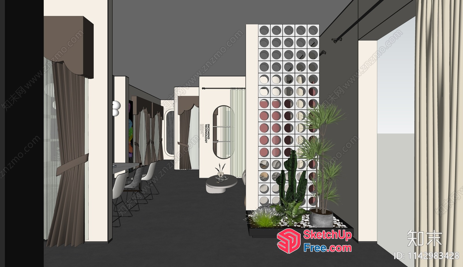 Modern Interior With Glass Brick Wall And Potted Plants 3D SketchUp File
