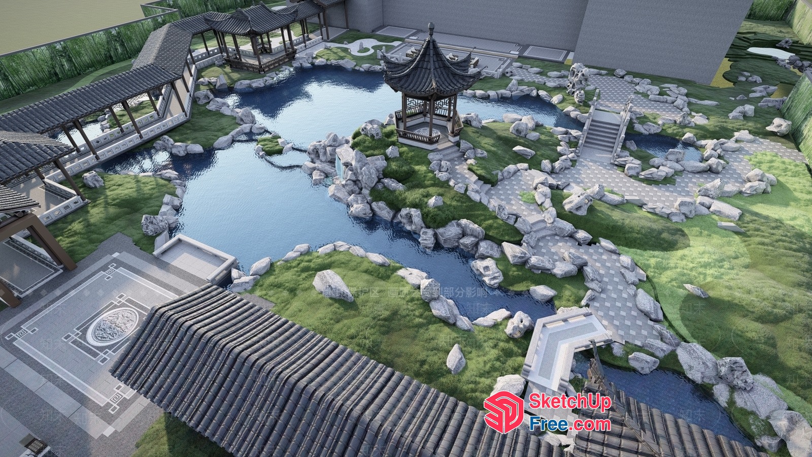 Serene Asian-Inspired Courtyard With Traditional Architecture 3D SketchUp File