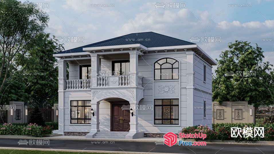 Luxurious White Two-Story House With Elegant Pillars 3D SketchUp File