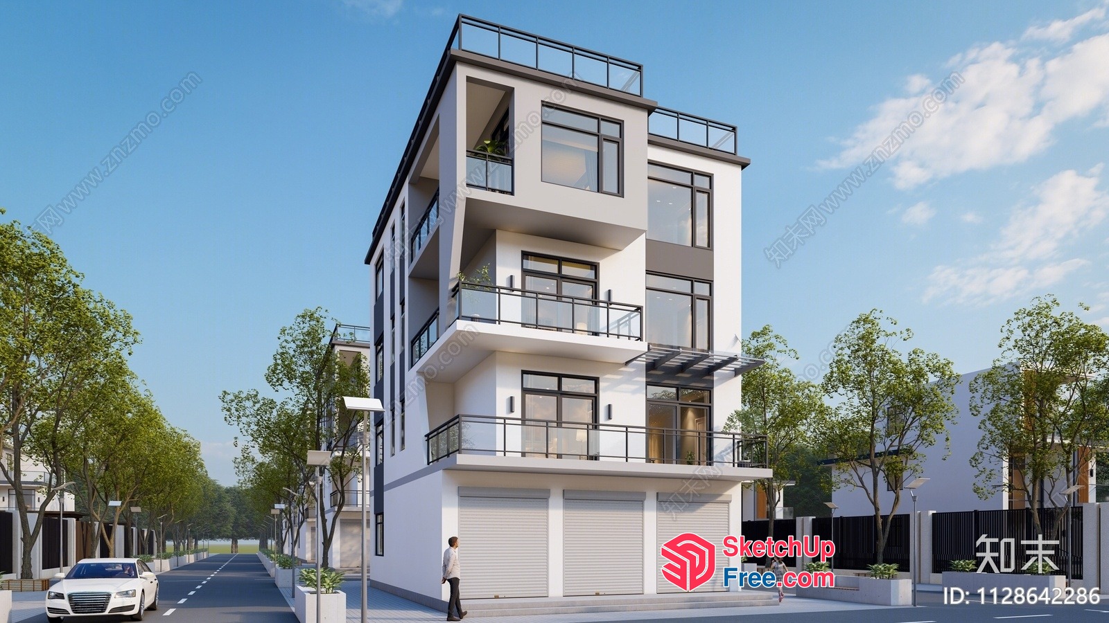 Modern White Building With Balconies And Glass Windows 3D SketchUp File