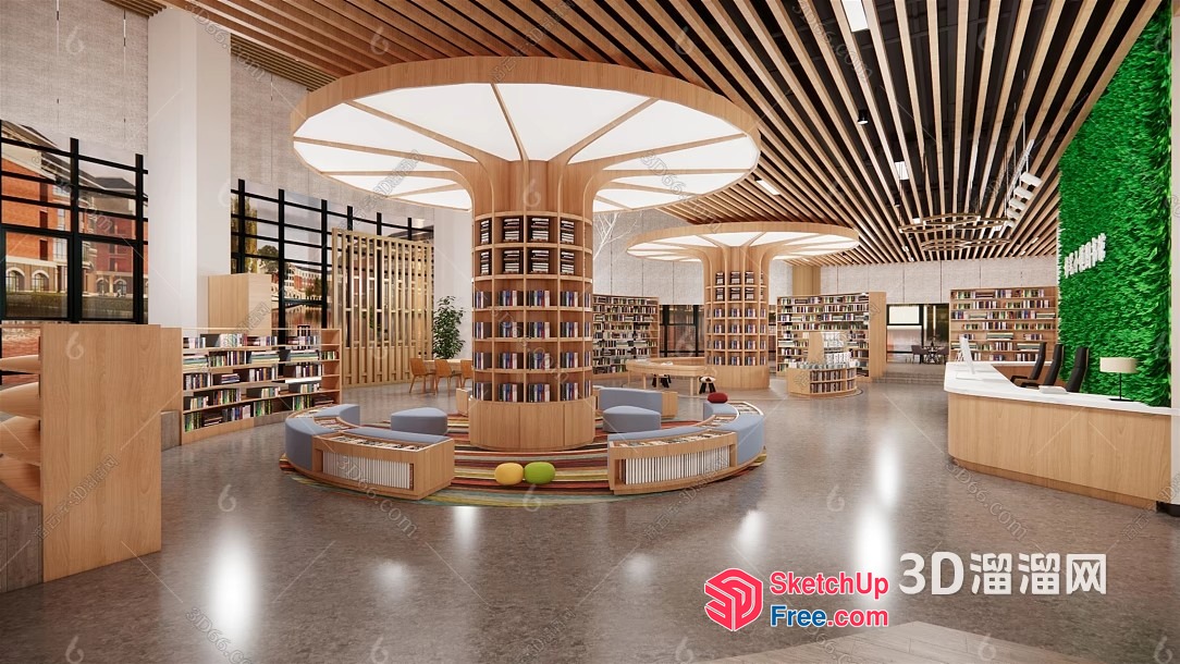 Modern Library Interior With Natural Wood Accents 3D SketchUp File