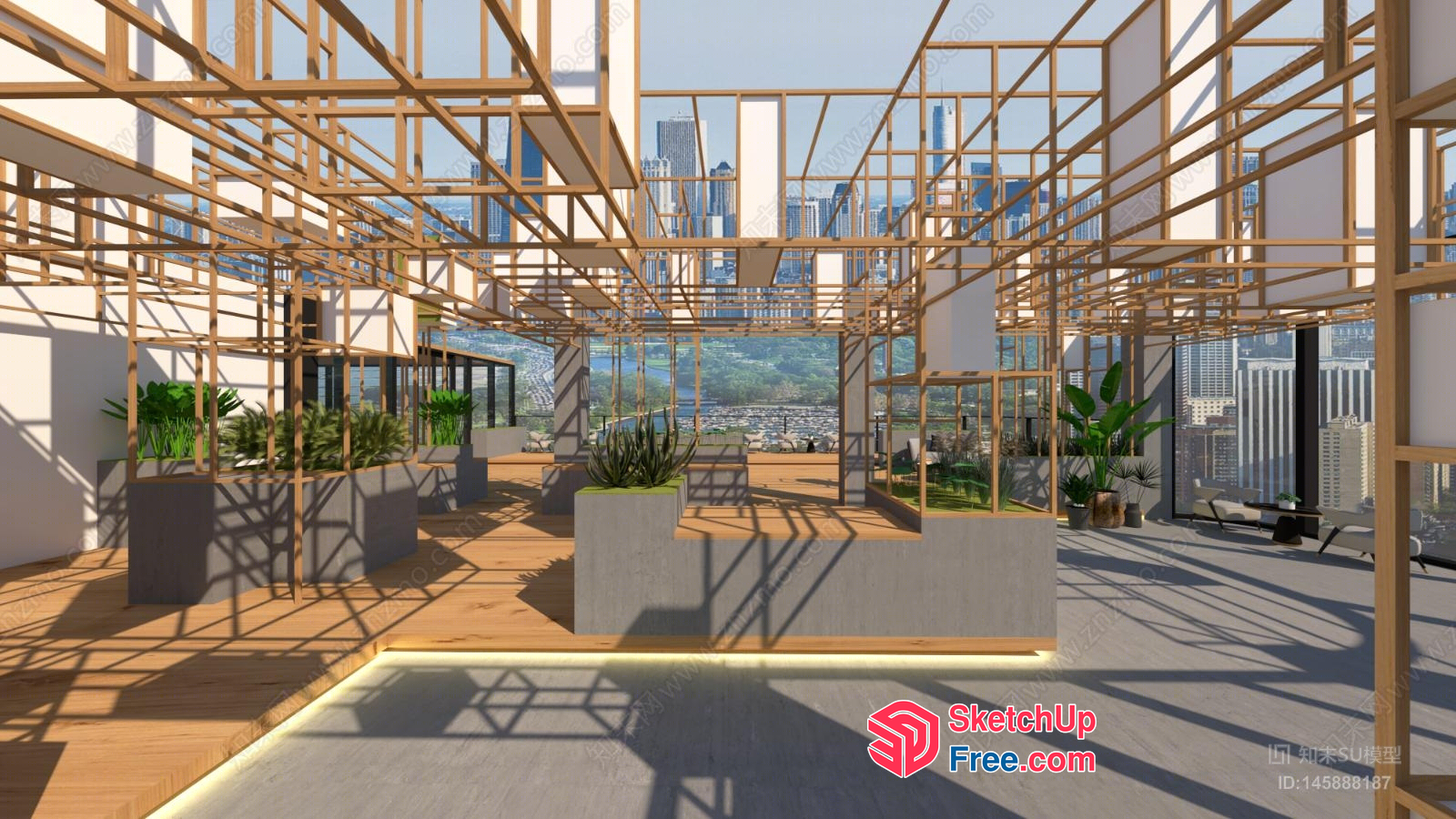 Modern Wooden Structure With Plants And City View 3D SketchUp File