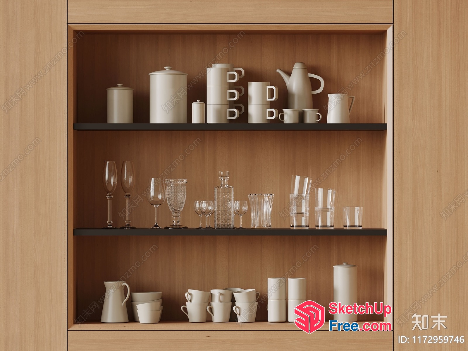 Modern Minimalist Wood Shelf With Glassware 3D SketchUp File
