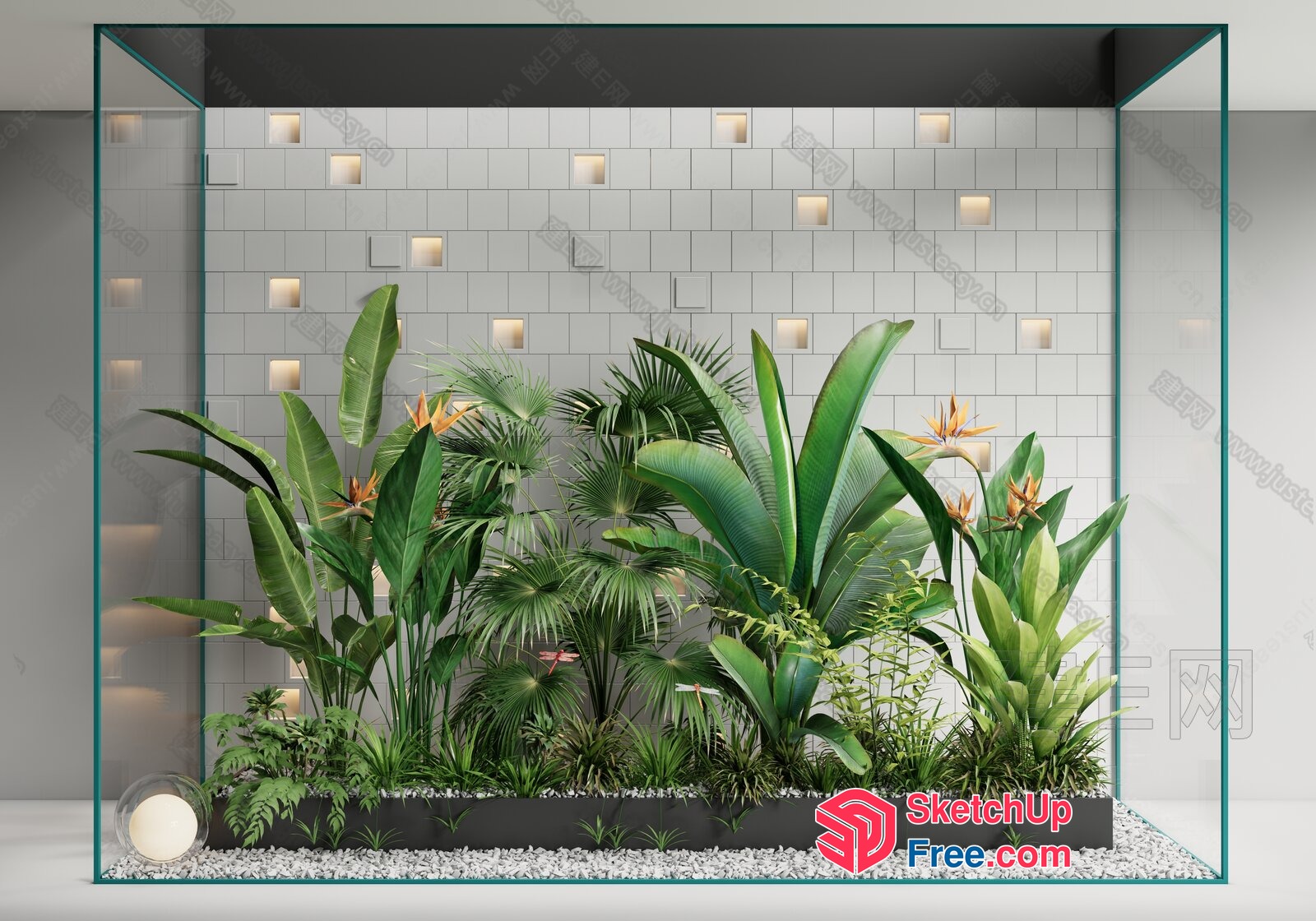 Tropical Greenery Garden In Modern Glass Enclosure 3D SketchUp File