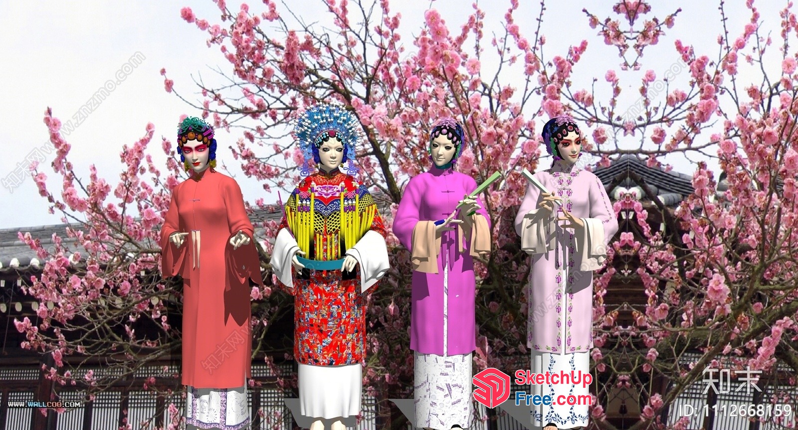 Four Women In Traditional Chinese Attire Standing In Front Of A Blooming Cherry Tree 3D SketchUp File