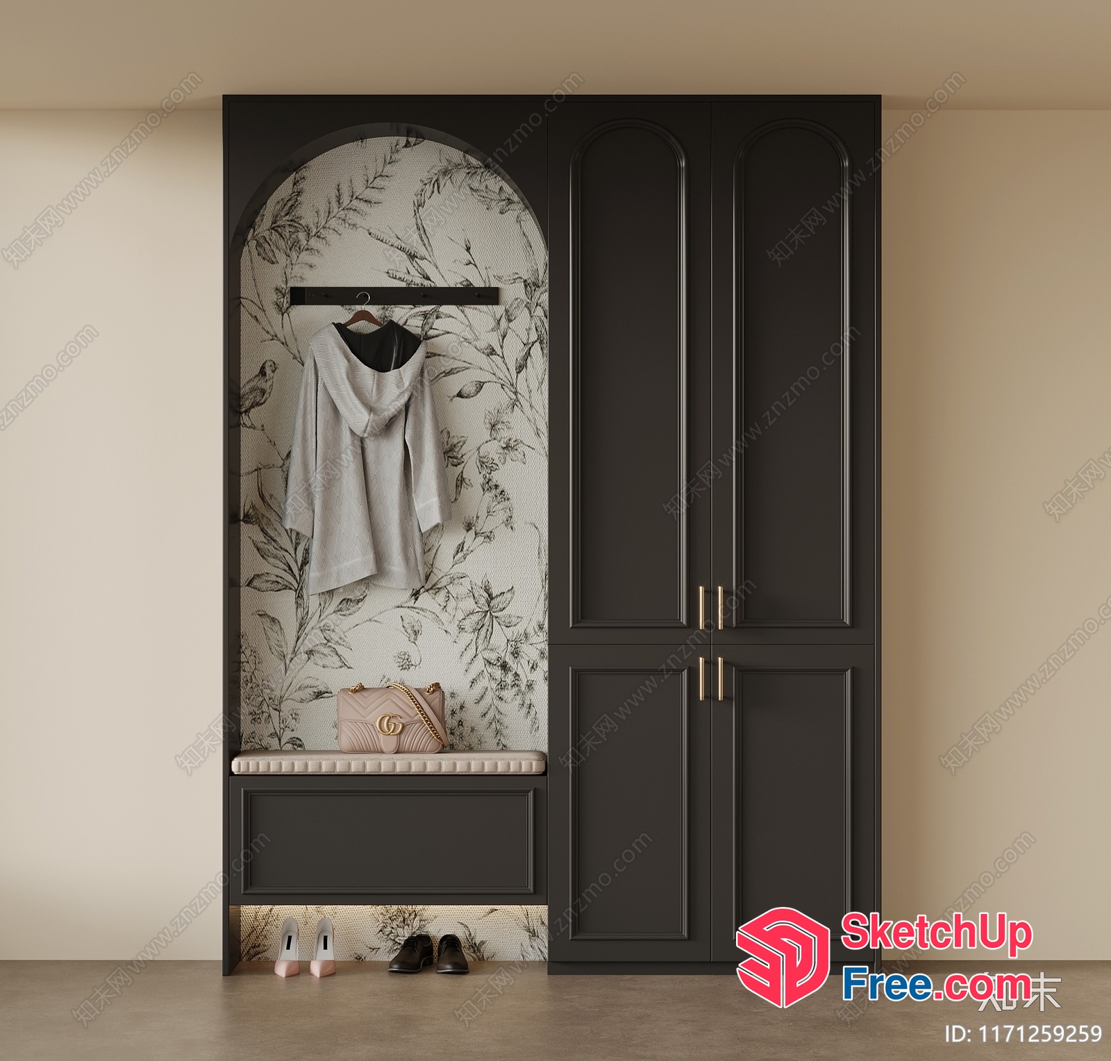 Elegant Black Wardrobe With Floral Wallpaper 3D SketchUp File
