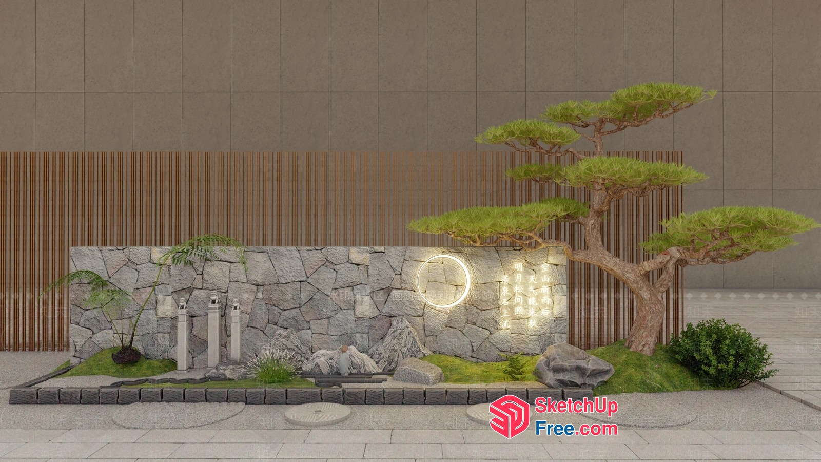 Japanese Style Garden With Stone Wall And Lanterns 3D SketchUp File