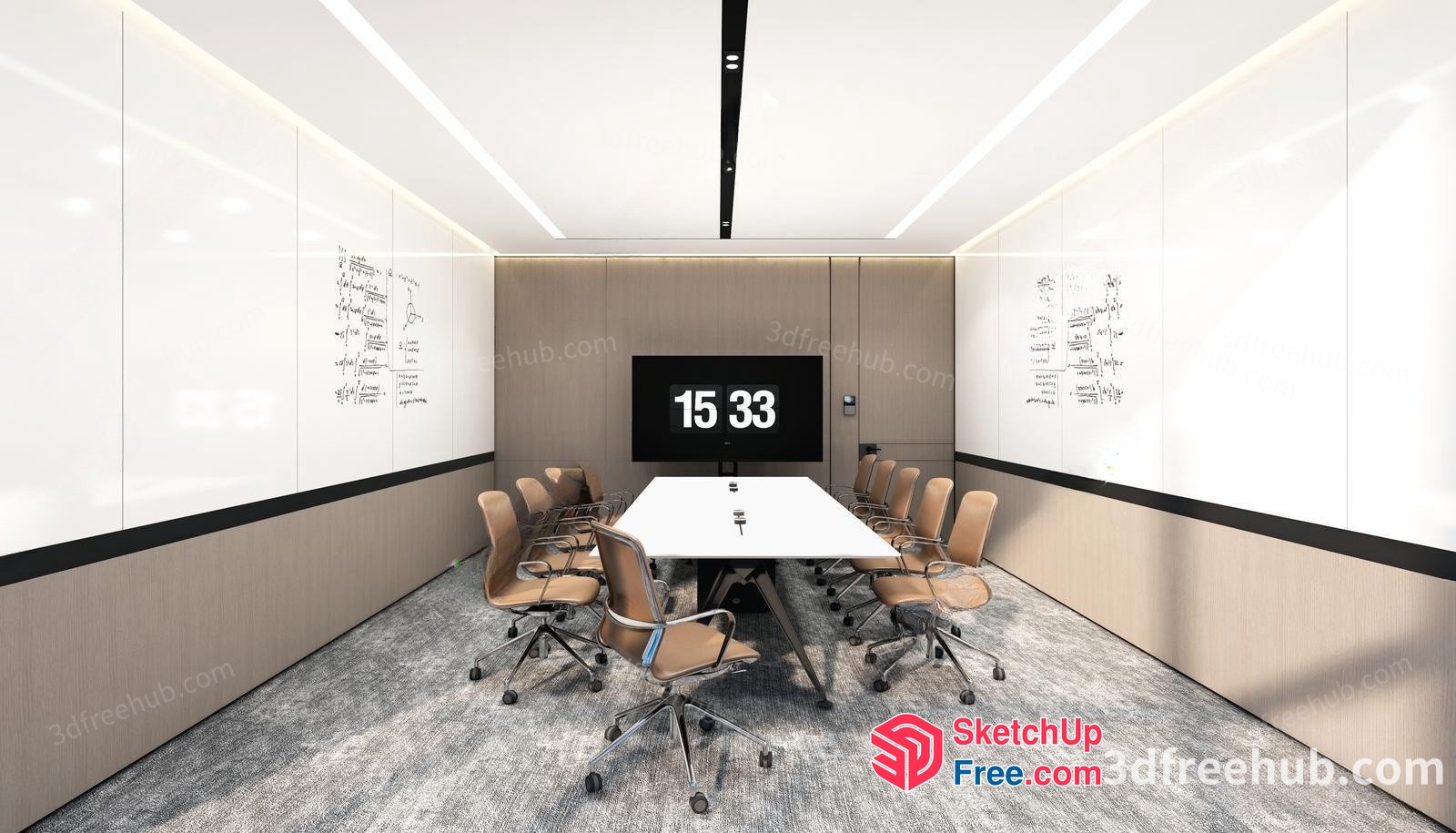 Modern Conference Room With Sleek White Table And Brown Chairs 3D SketchUp File