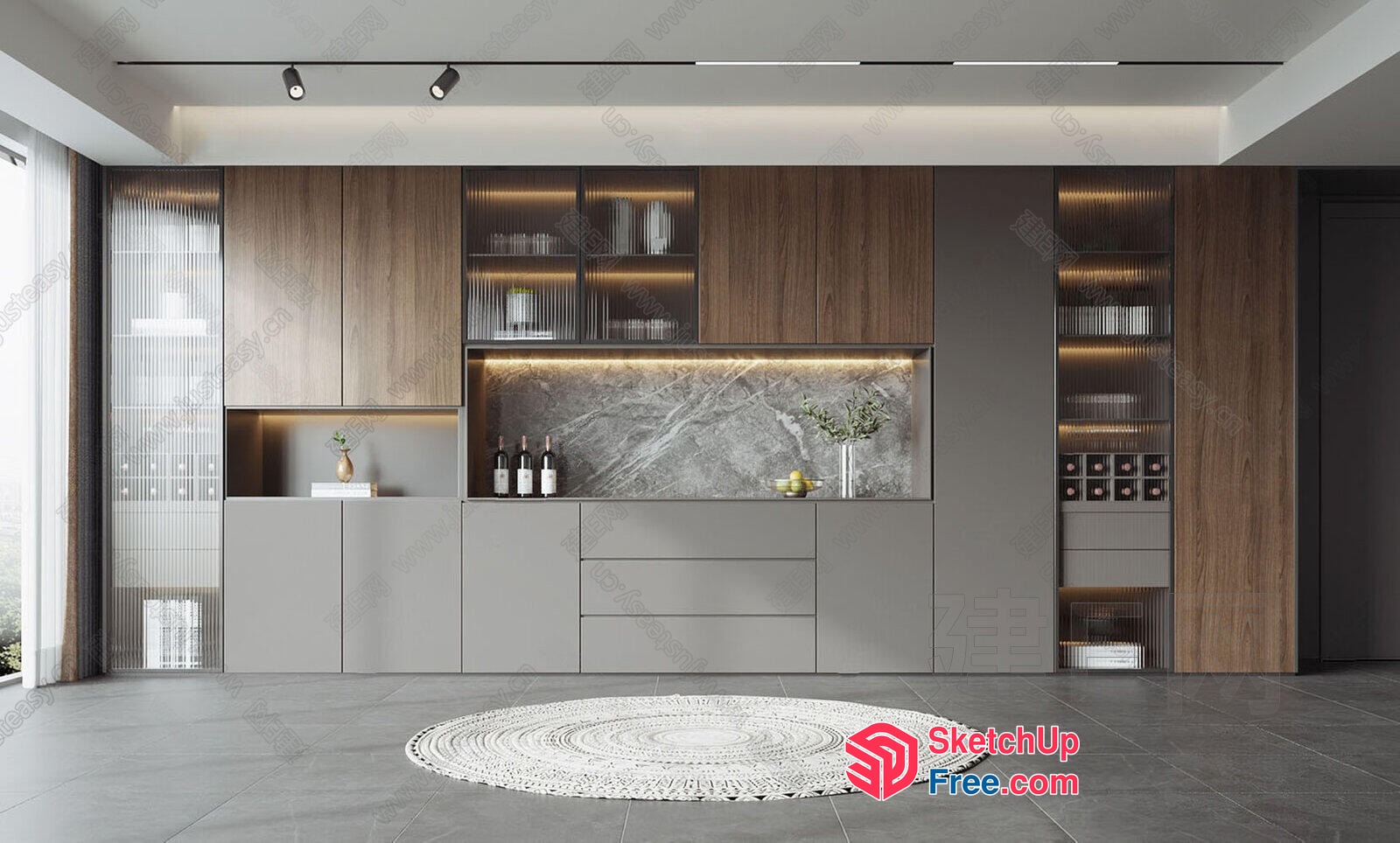 Modern Kitchen With Marble Backsplash And Wooden Cabinets 3D SketchUp File