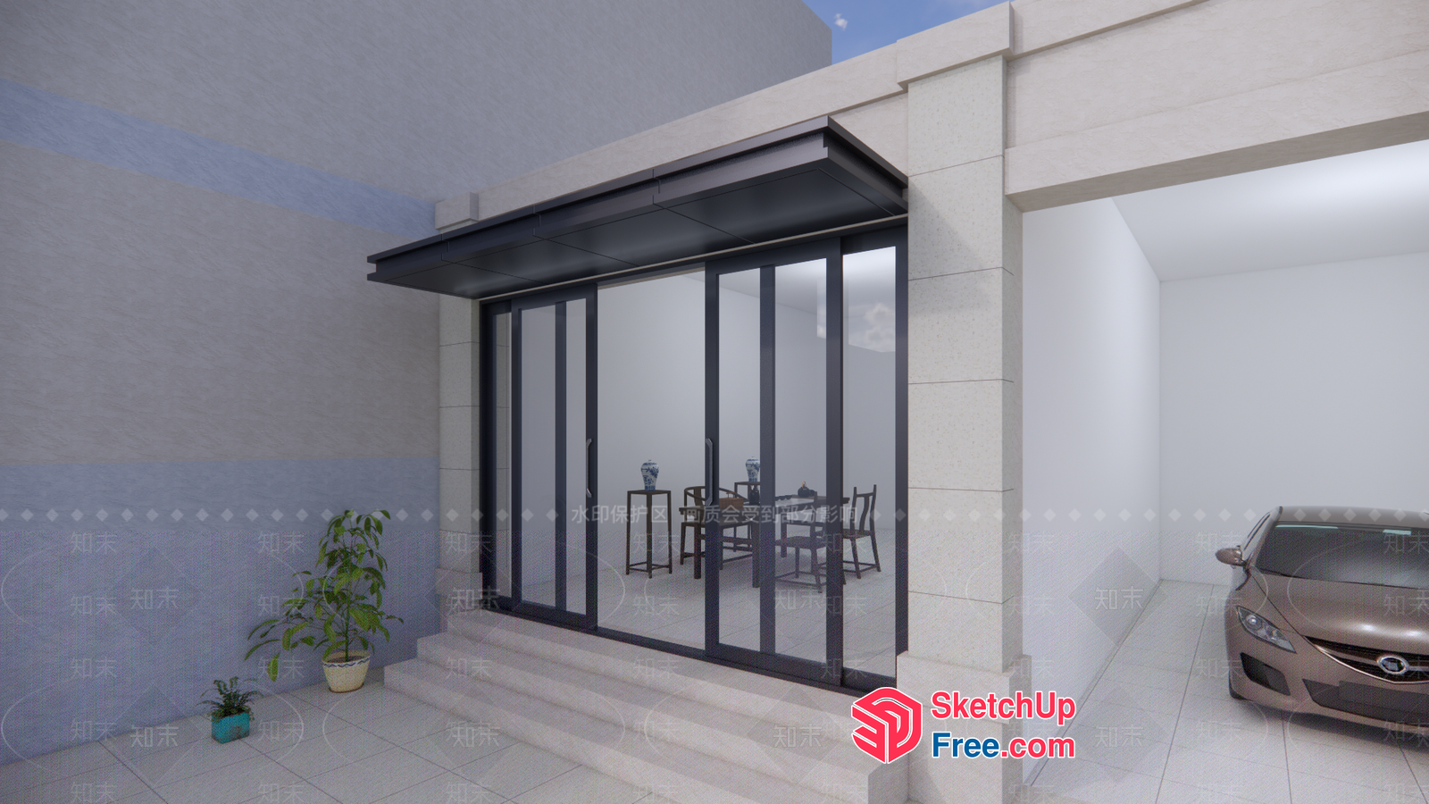 Modern Garage With Sliding Glass Door And Car 3D SketchUp File