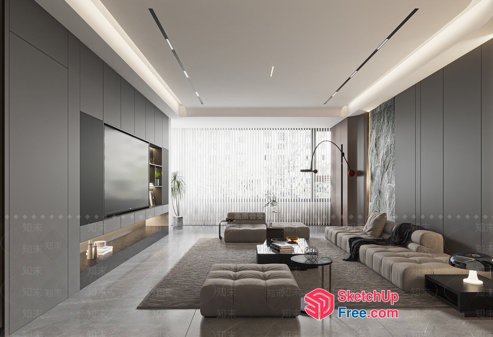 Modern Minimalist Living Room With Large Tv And Sofa 3D SketchUp File