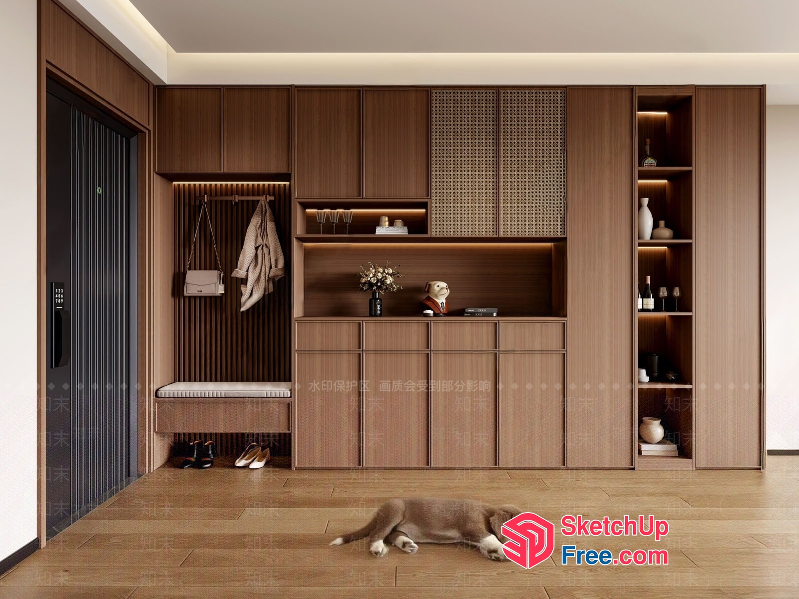 Modern Wooden Interior With Elevator And Dog 3D SketchUp File