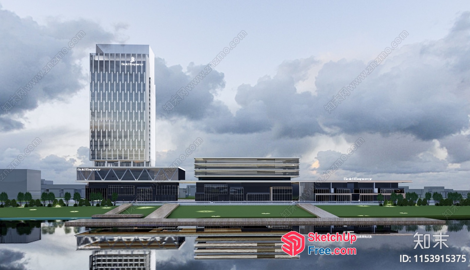 Modern Commercial Street With Glass Curtain Wall And Greenery 3D SketchUp File