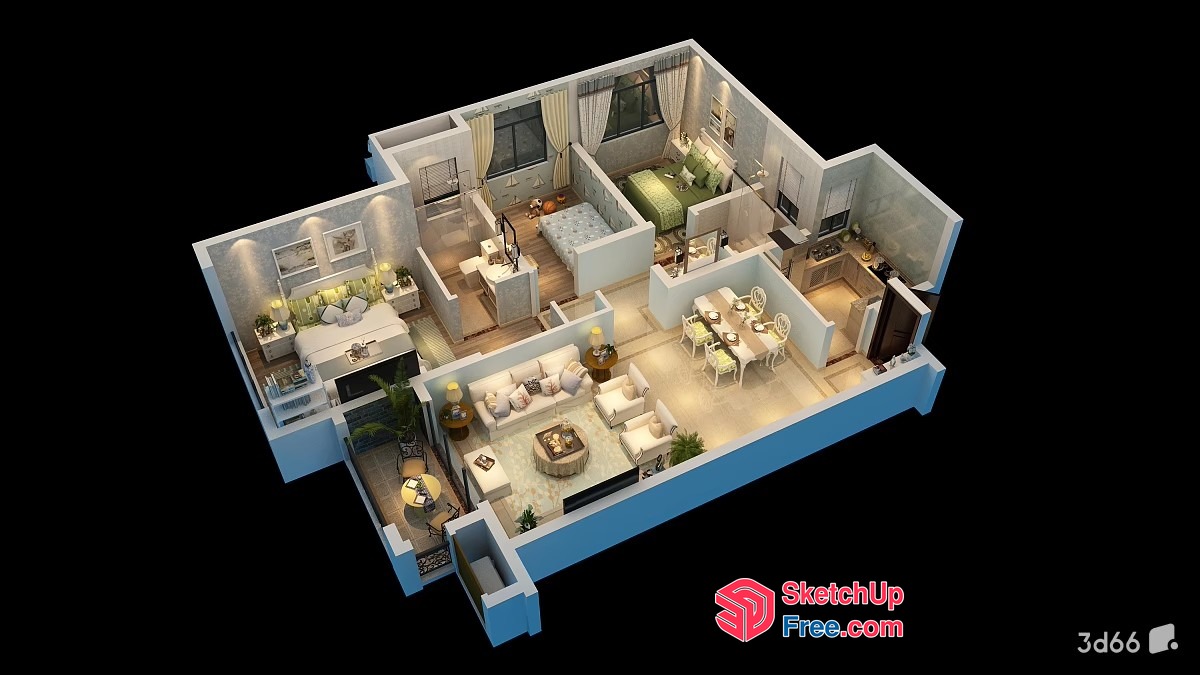 Modern 3D Rendering Of A Luxurious Apartment Floor Plan 3D SketchUp File