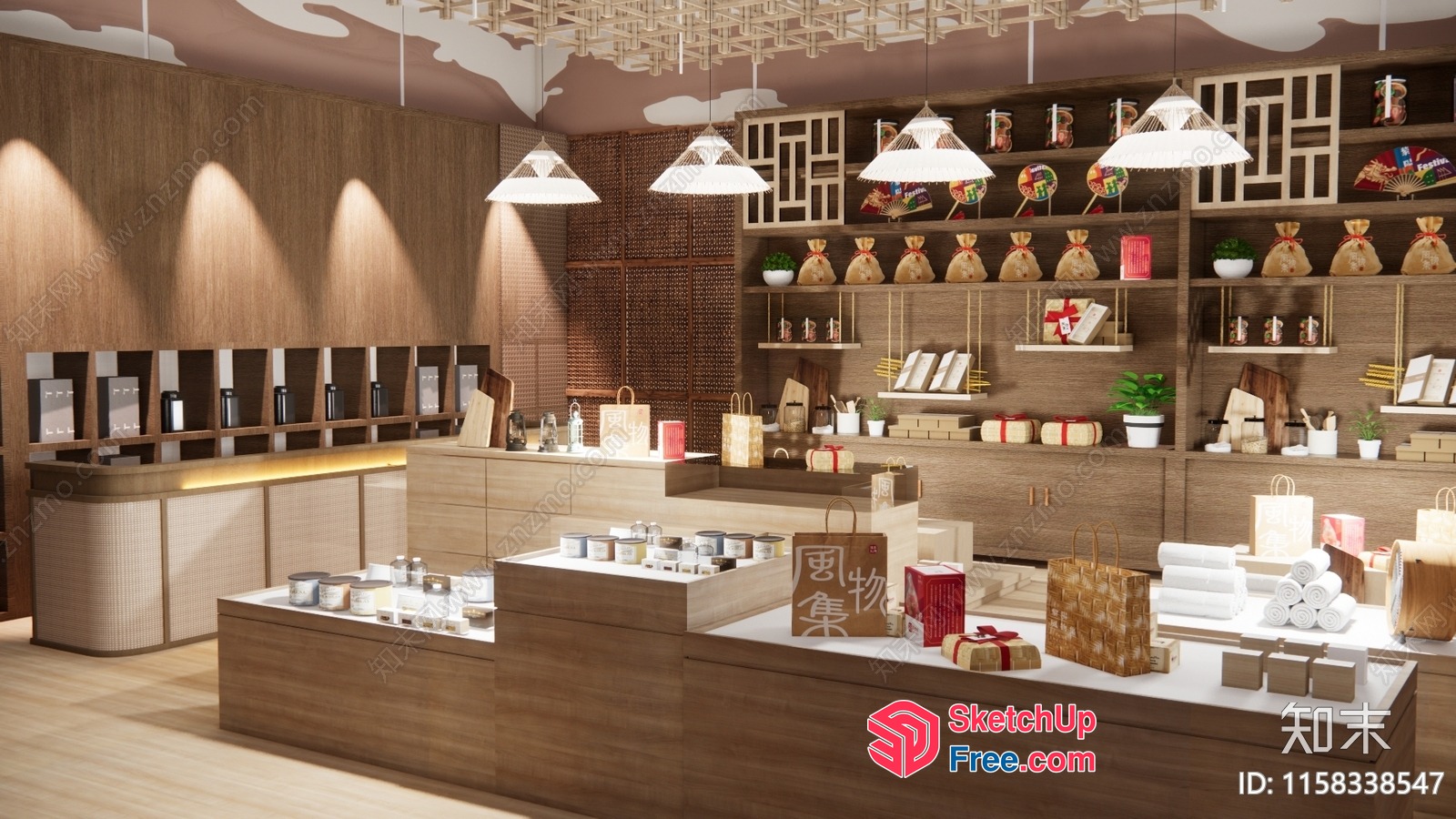 Modern Wooden Store Interior With Decorative Lighting 3D SketchUp File