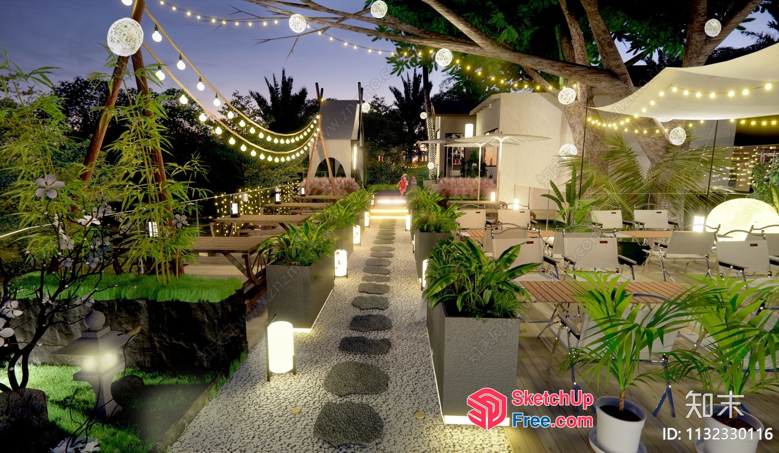 Elegant Outdoor Seating Area With String Lights And Potted Plants 3D SketchUp File
