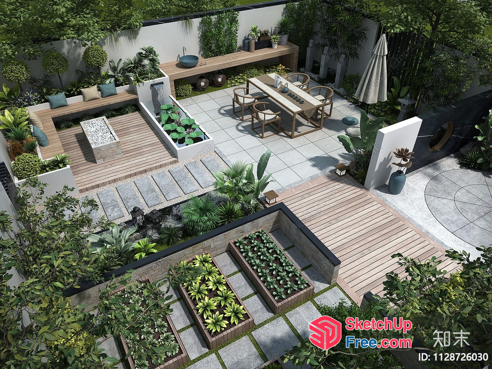 Modern Outdoor Patio With Built-In Seating And Planters 3D SketchUp File