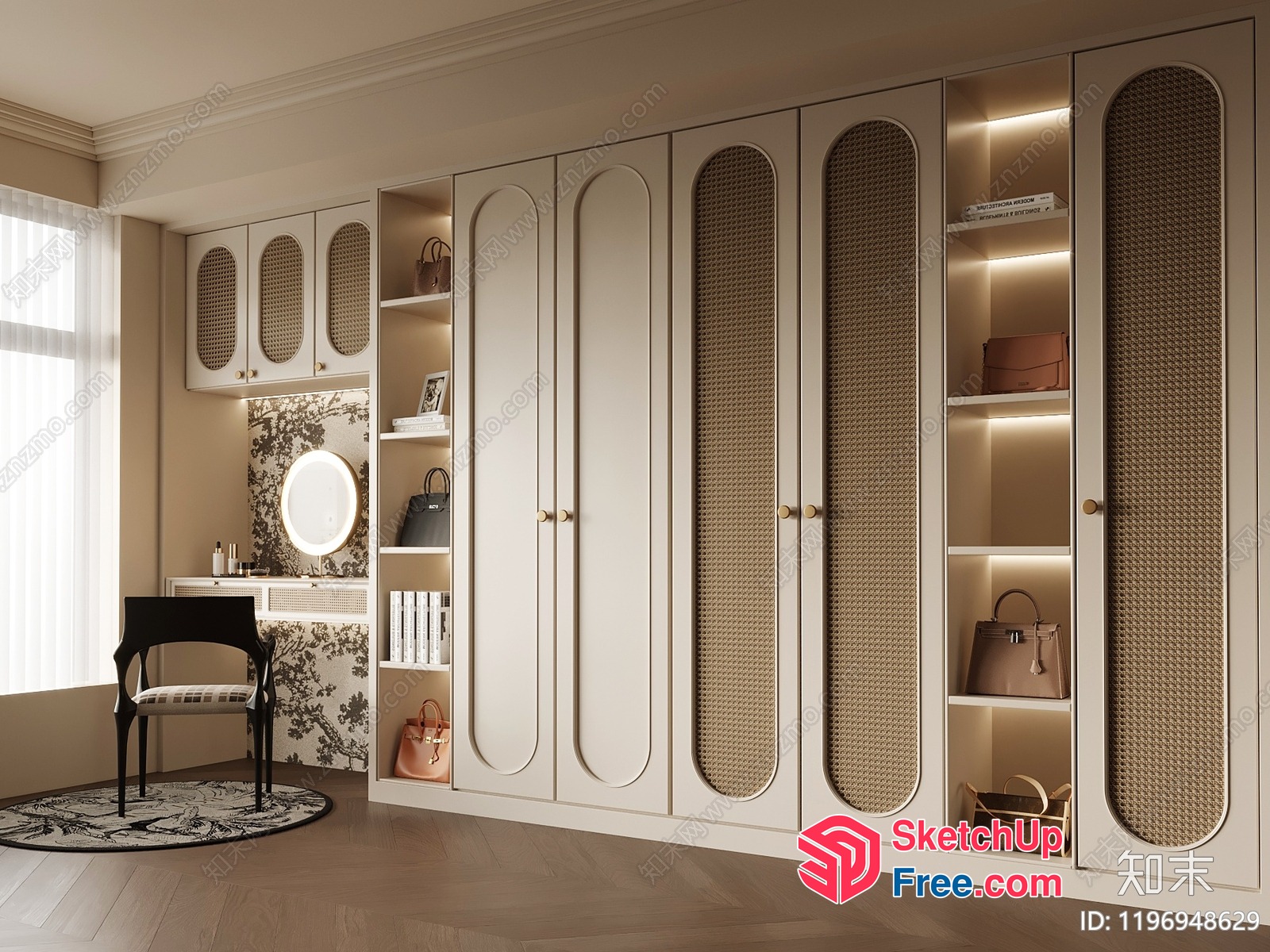 Elegant Creamy Style Wardrobe With Rattan Accents 3D SketchUp File