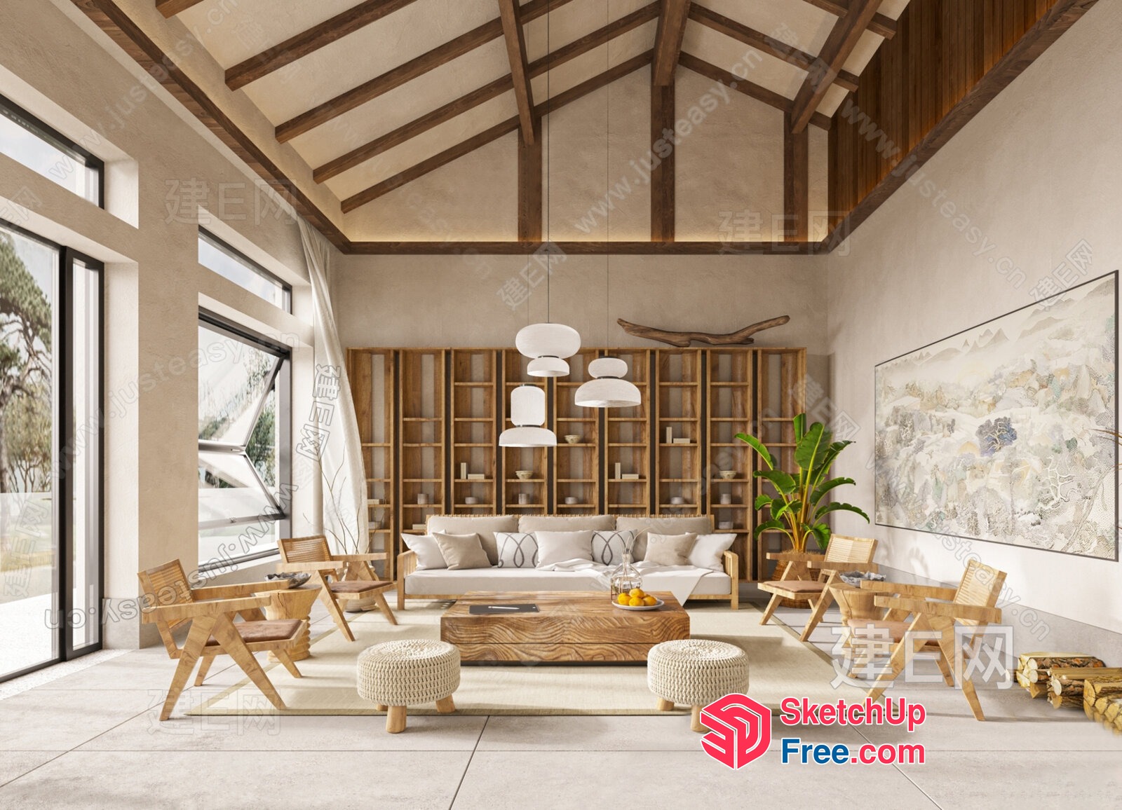 Modern Japanese-Style Living Room With Natural Wood Accents 3D SketchUp File