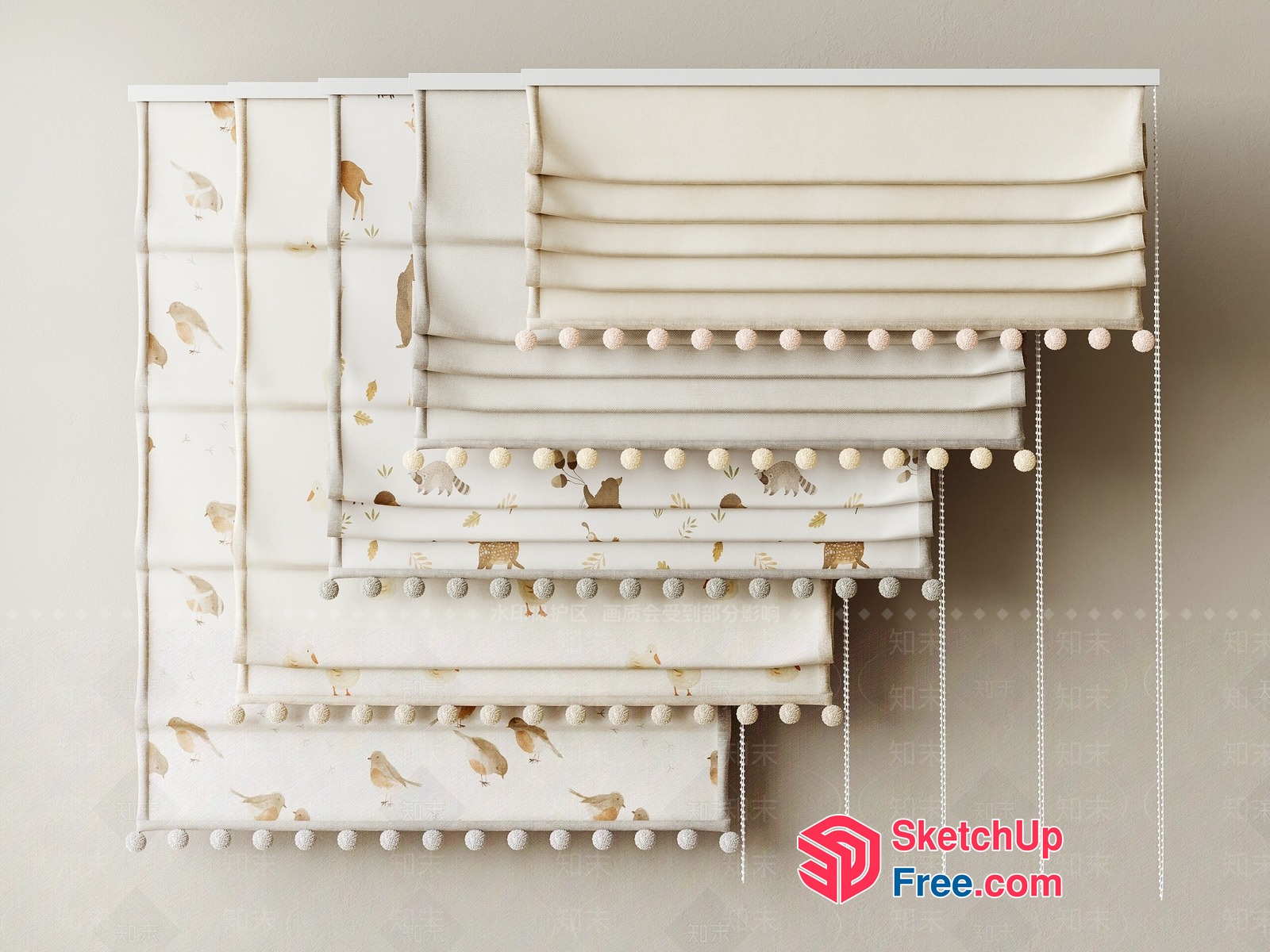 White Window Shades With Animal And Pom-Pom Decorations 3D SketchUp File