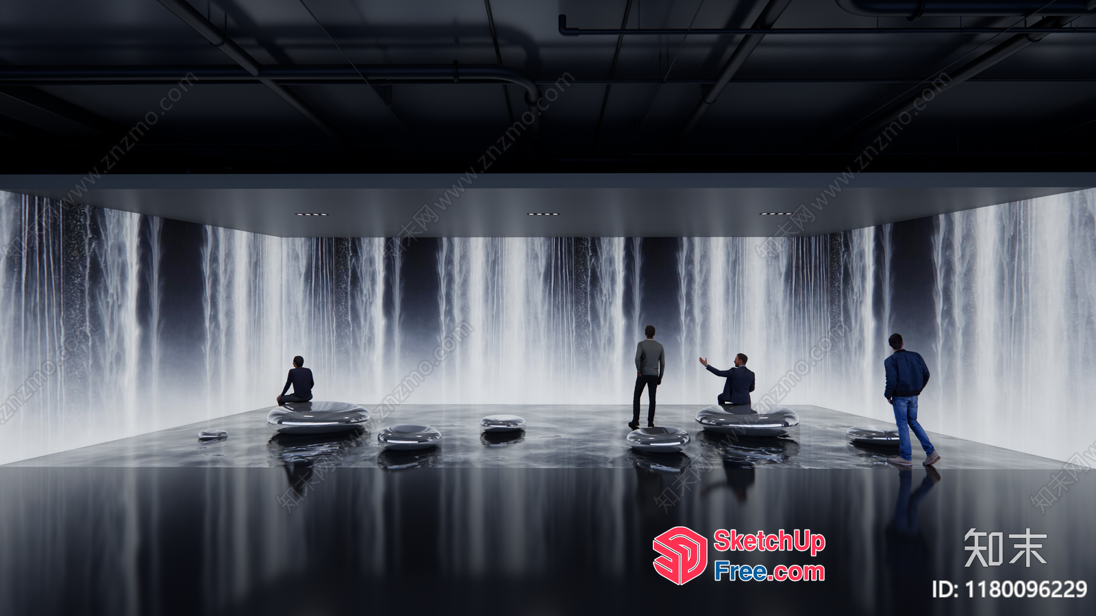 Futuristic Waterfall Room With Seating And Interactive Displays 3D SketchUp File