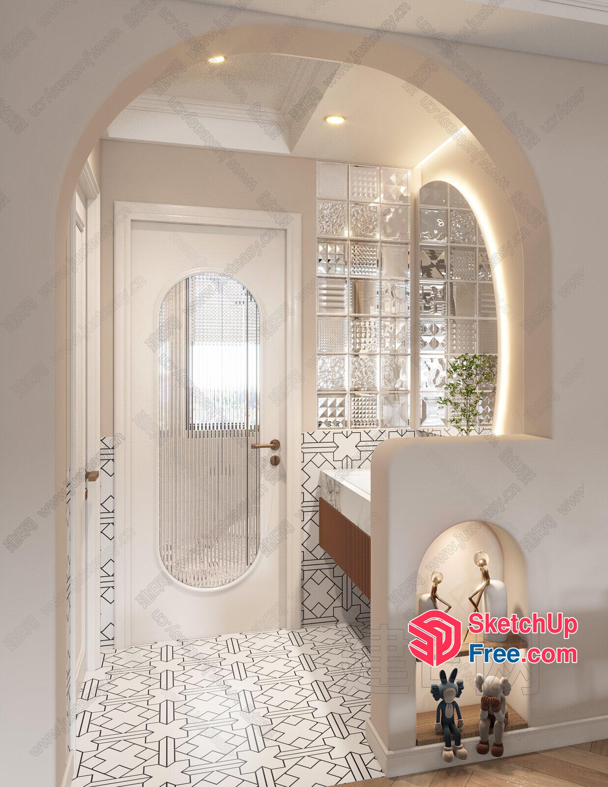 Elegant White And Wood Interior With Arched Doorways 3D SketchUp File