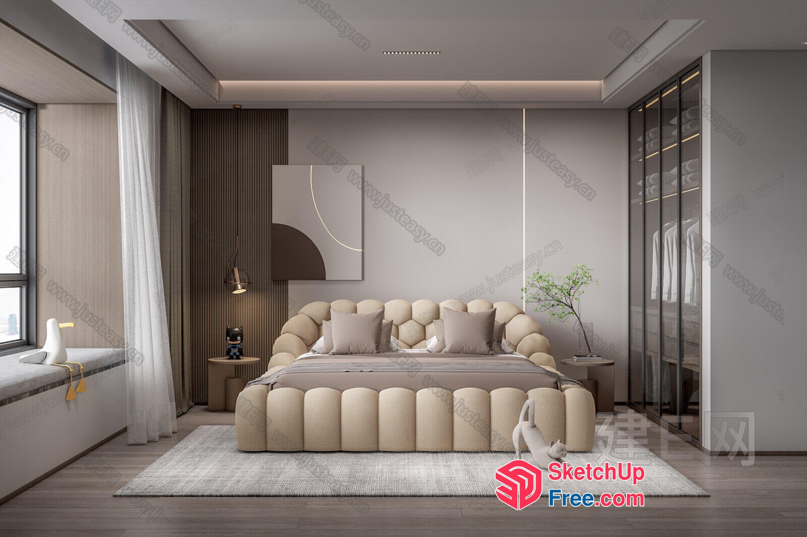 Modern Minimalist Bedroom With Creamy And White Decor 3D SketchUp File