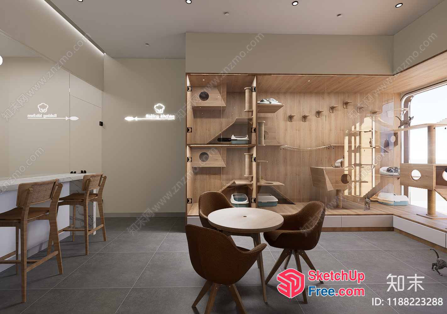 Modern Cat Cafe Interior With Sleek Furniture And Natural Wood Accents 3D SketchUp File