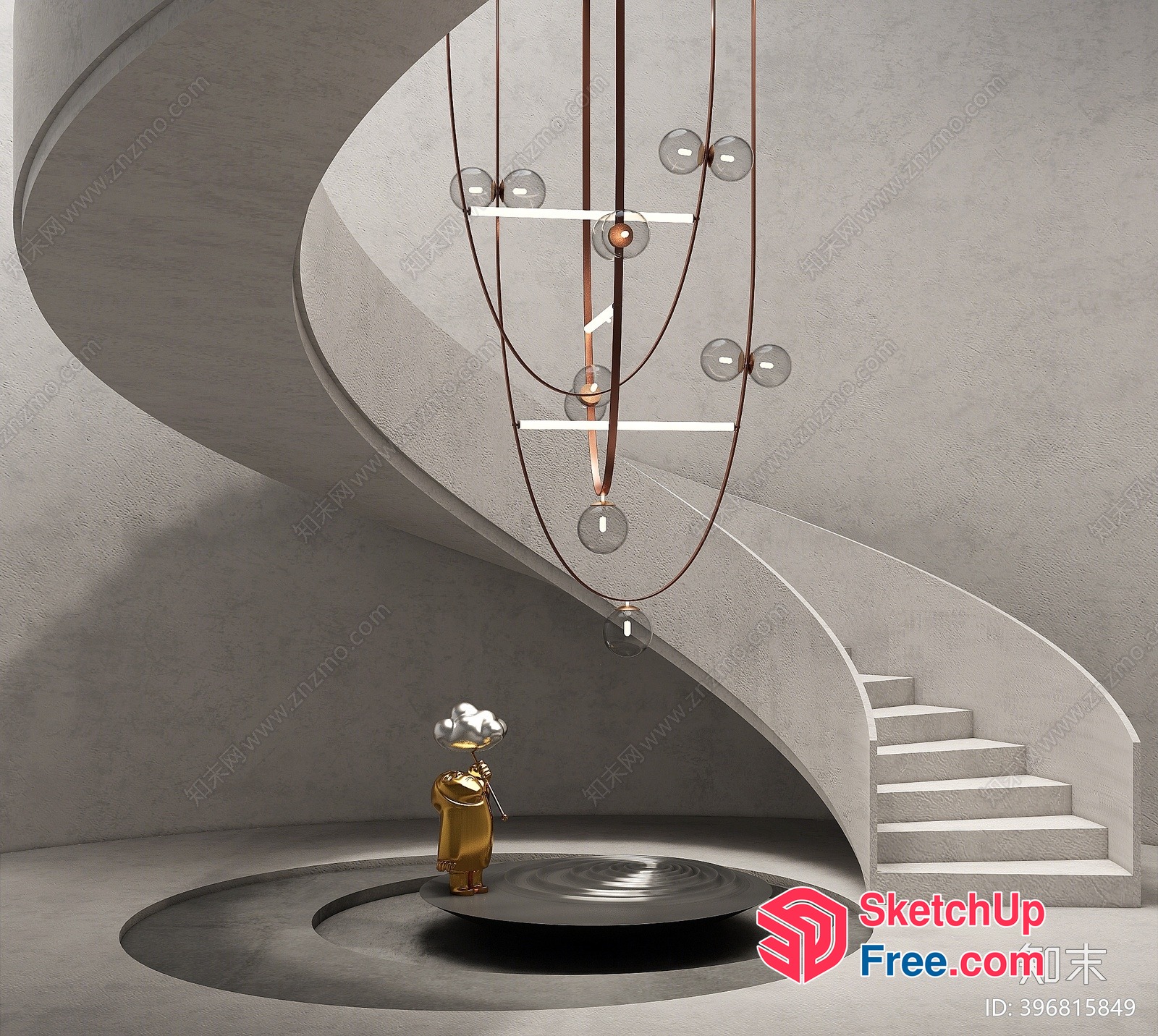 Minimalist Stairway With Suspended Light Fixture And Ornate Sculpture 3D SketchUp File