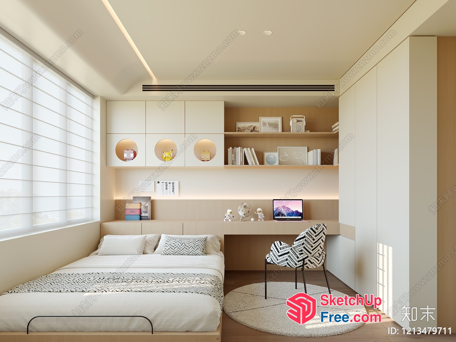 Minimalist Japanese-Style Bedroom With Soft White Decor 3D SketchUp File