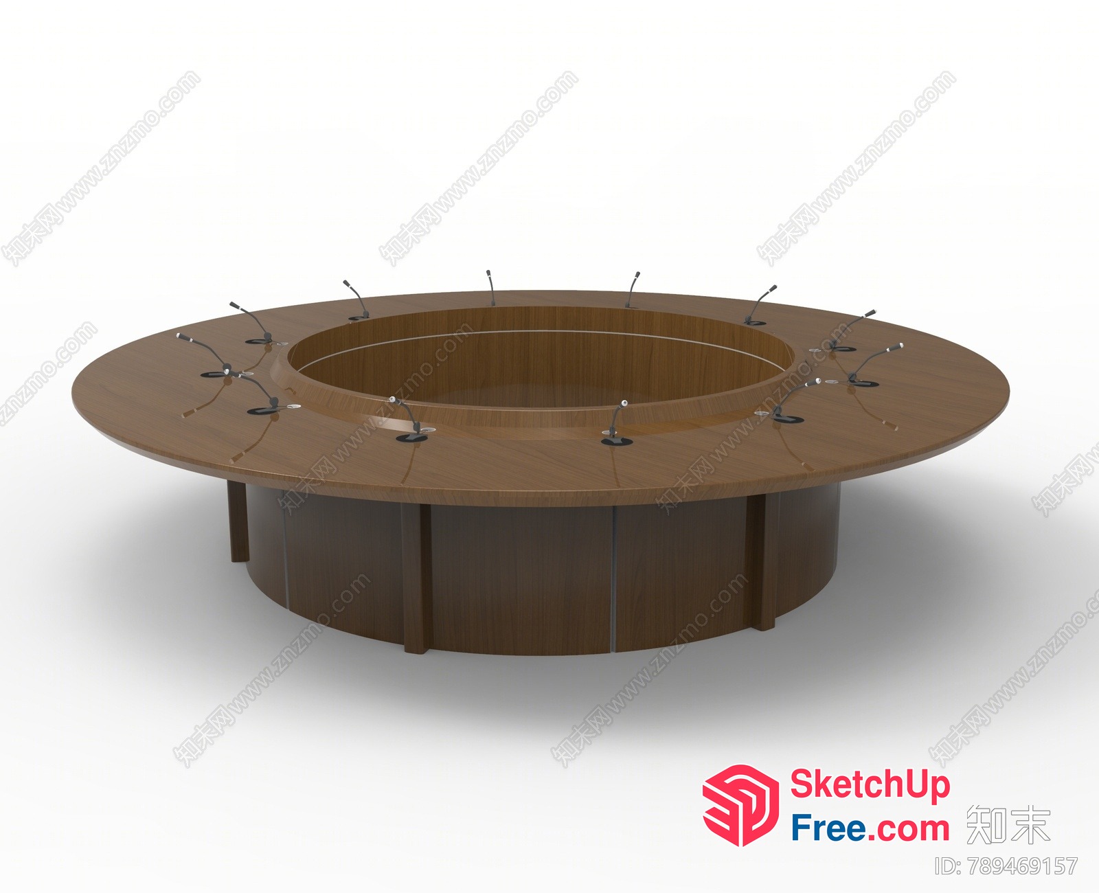 Round Wooden Conference Table With Microphones 3D SketchUp File
