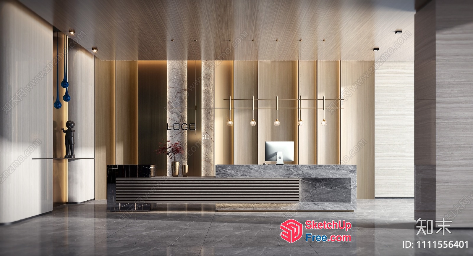 Modern Office Reception Area With Marble And Wood 3D SketchUp File