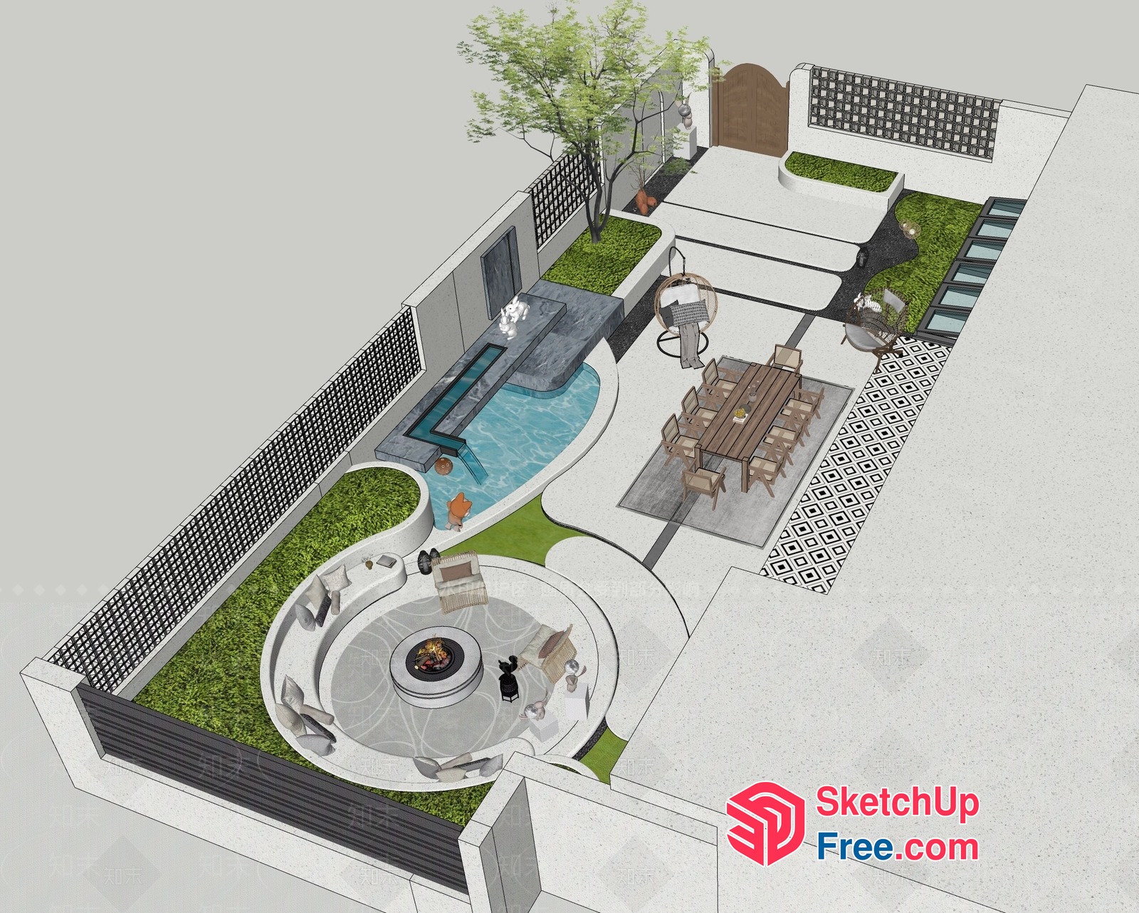 Luxurious Outdoor Living Space With Pool And Fire Pit 3D SketchUp File