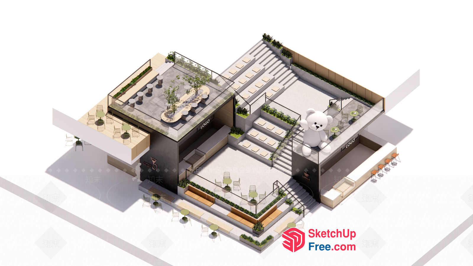 Modern Rooftop Lounge With Stairs And Bar Counter 3D SketchUp File