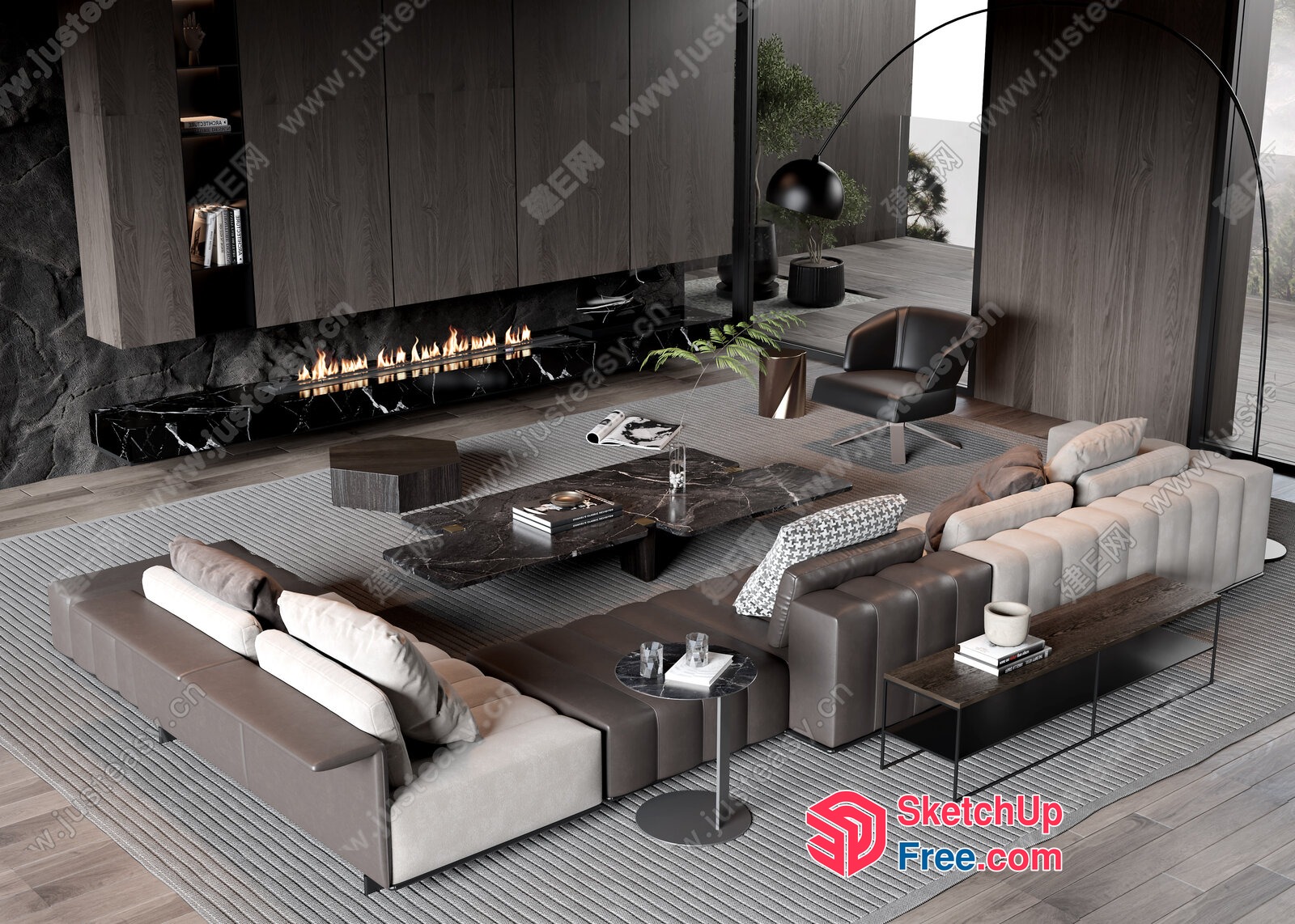 Modern Living Room With Fireplace And Large Couches 3D SketchUp File