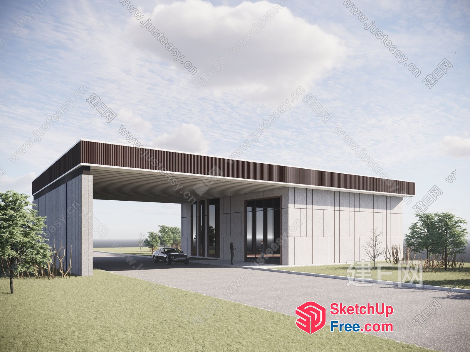 Modern Building Entrance With Cars And Trees 3D SketchUp File