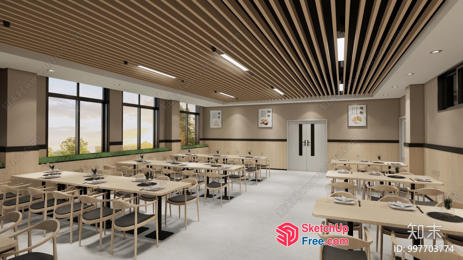 Modern Restaurant Interior With Large Windows And Wooden Ceiling 3D SketchUp File