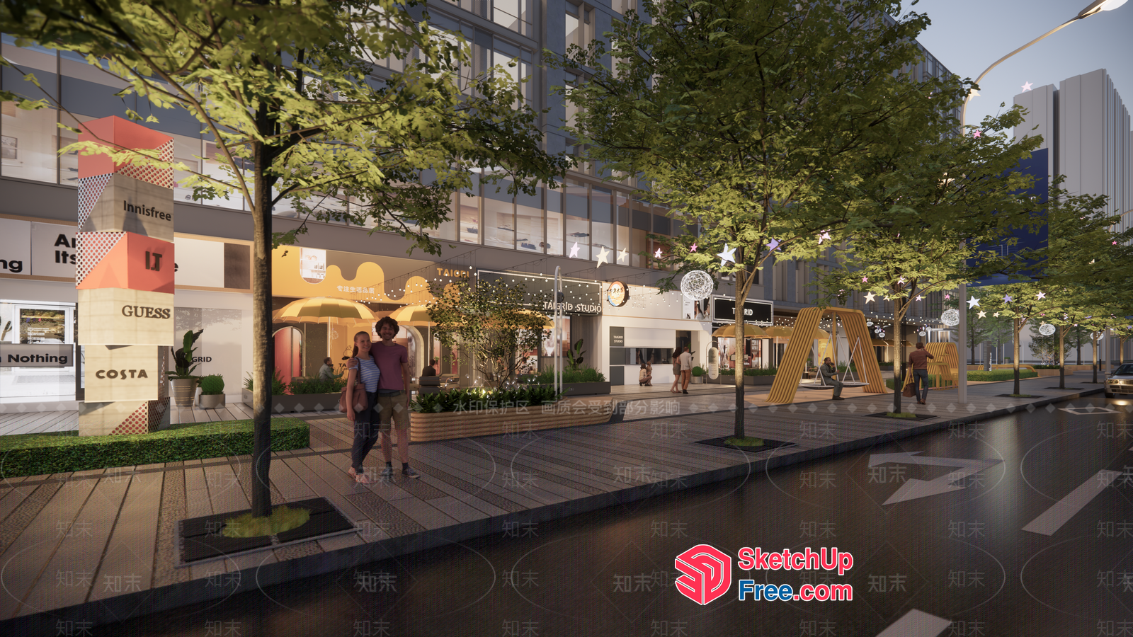 Commercial Street With Elegant Outdoor Seating Area 3D SketchUp File