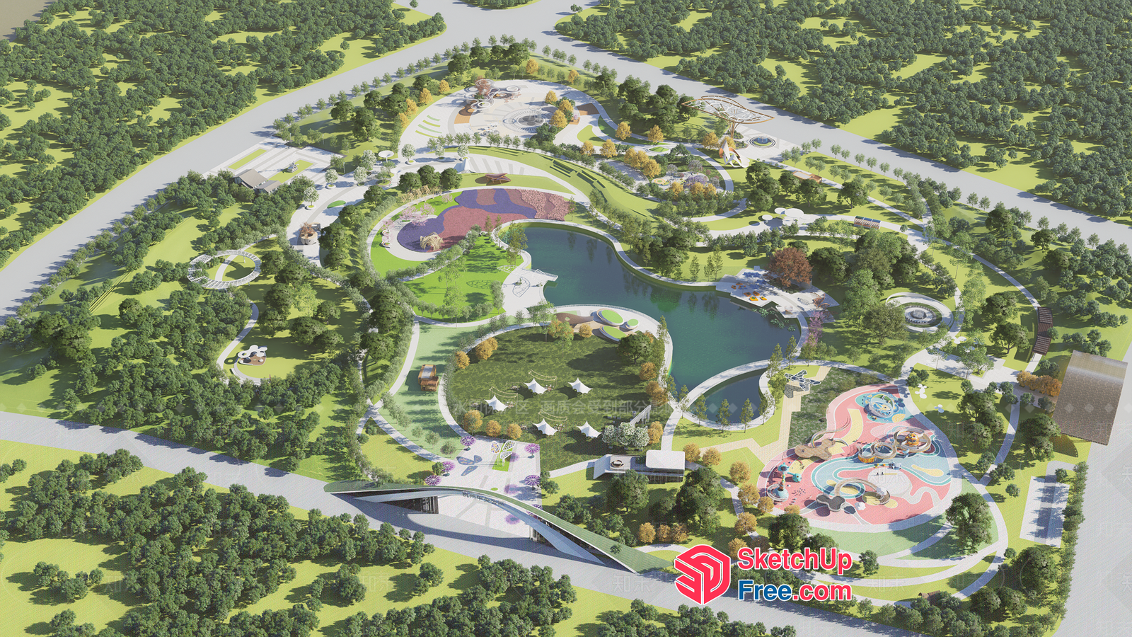 Serene Park Landscape With Vibrant Play Areas And Water Features 3D SketchUp File