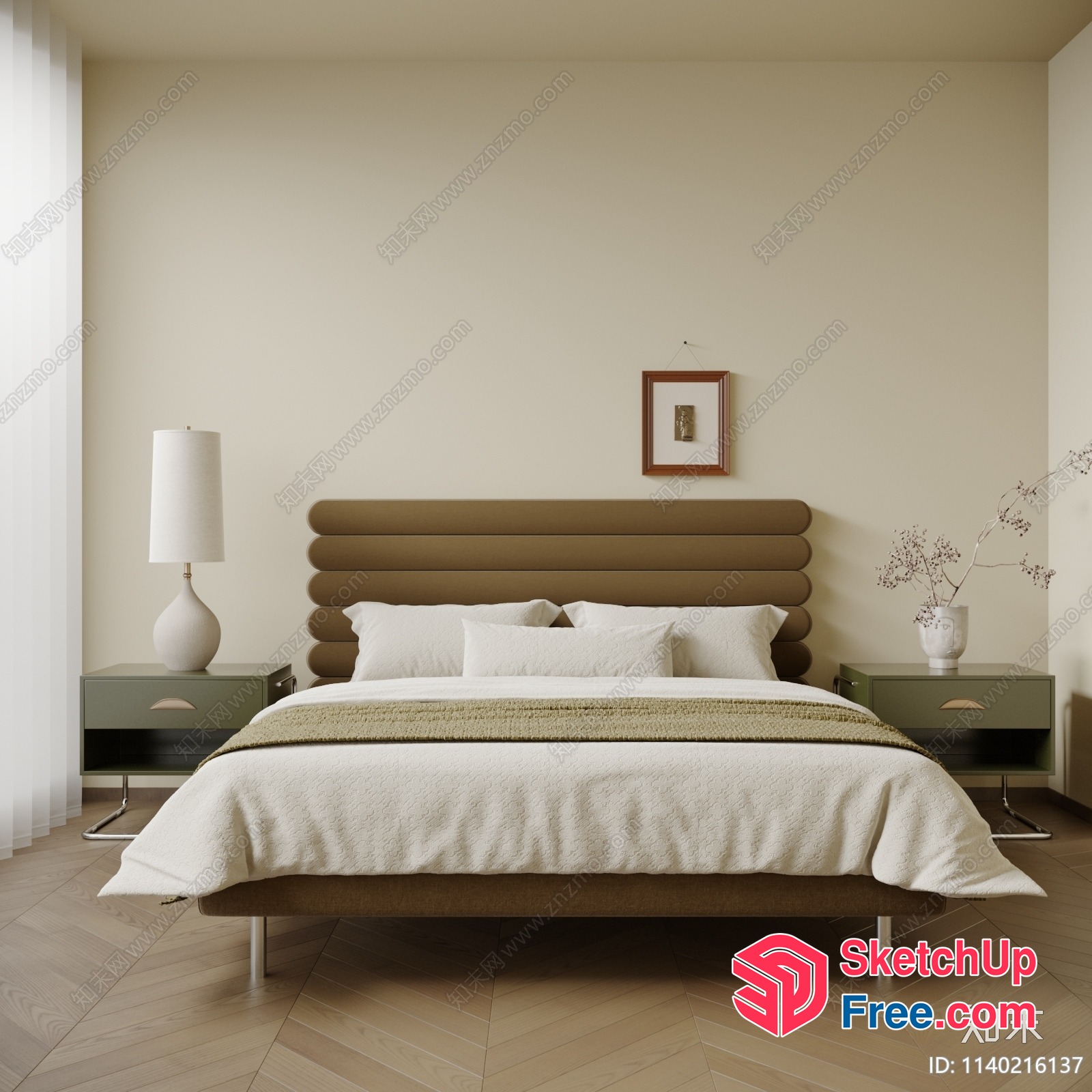 Minimalist Bedroom With Creamy Style Bed And Bedside Tables 3D SketchUp File
