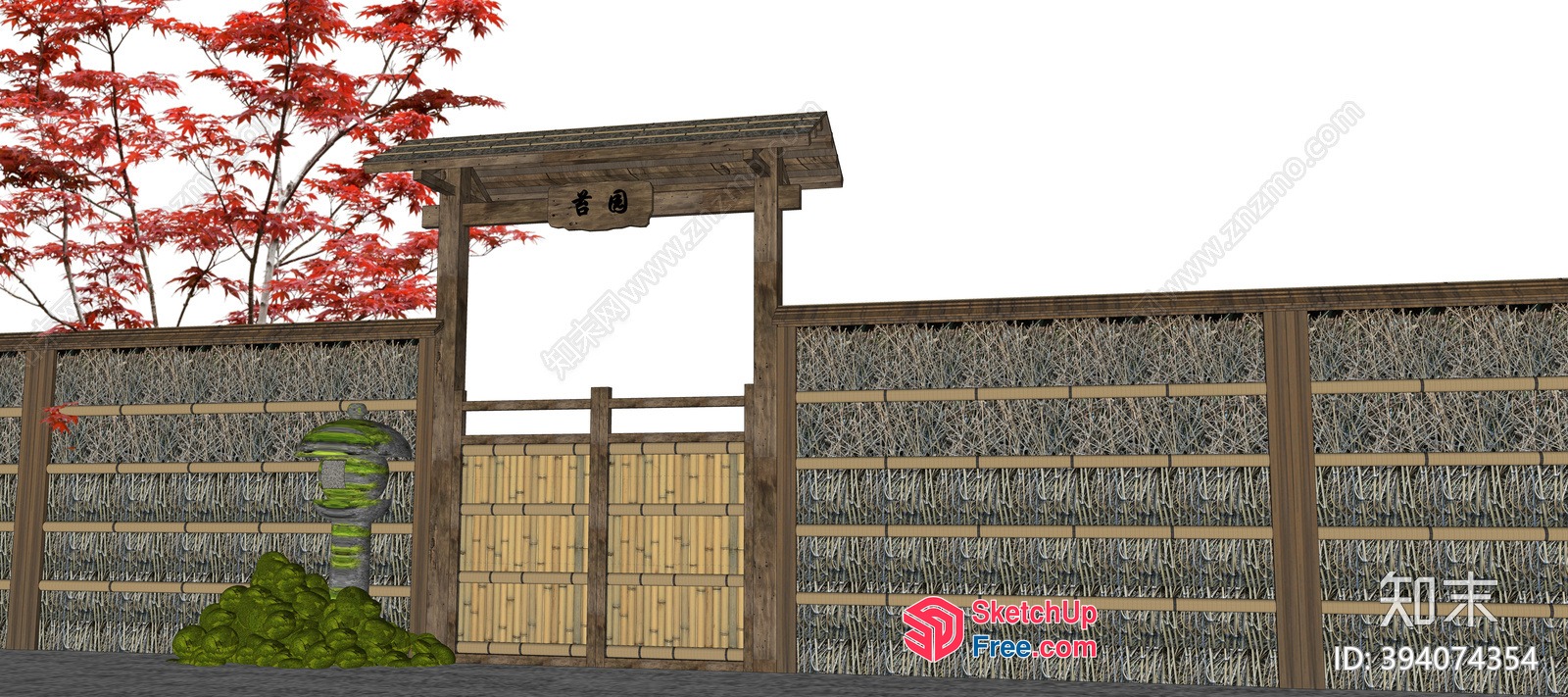 Traditional Japanese Entrance With Bamboo Fence And Lantern 3D SketchUp File