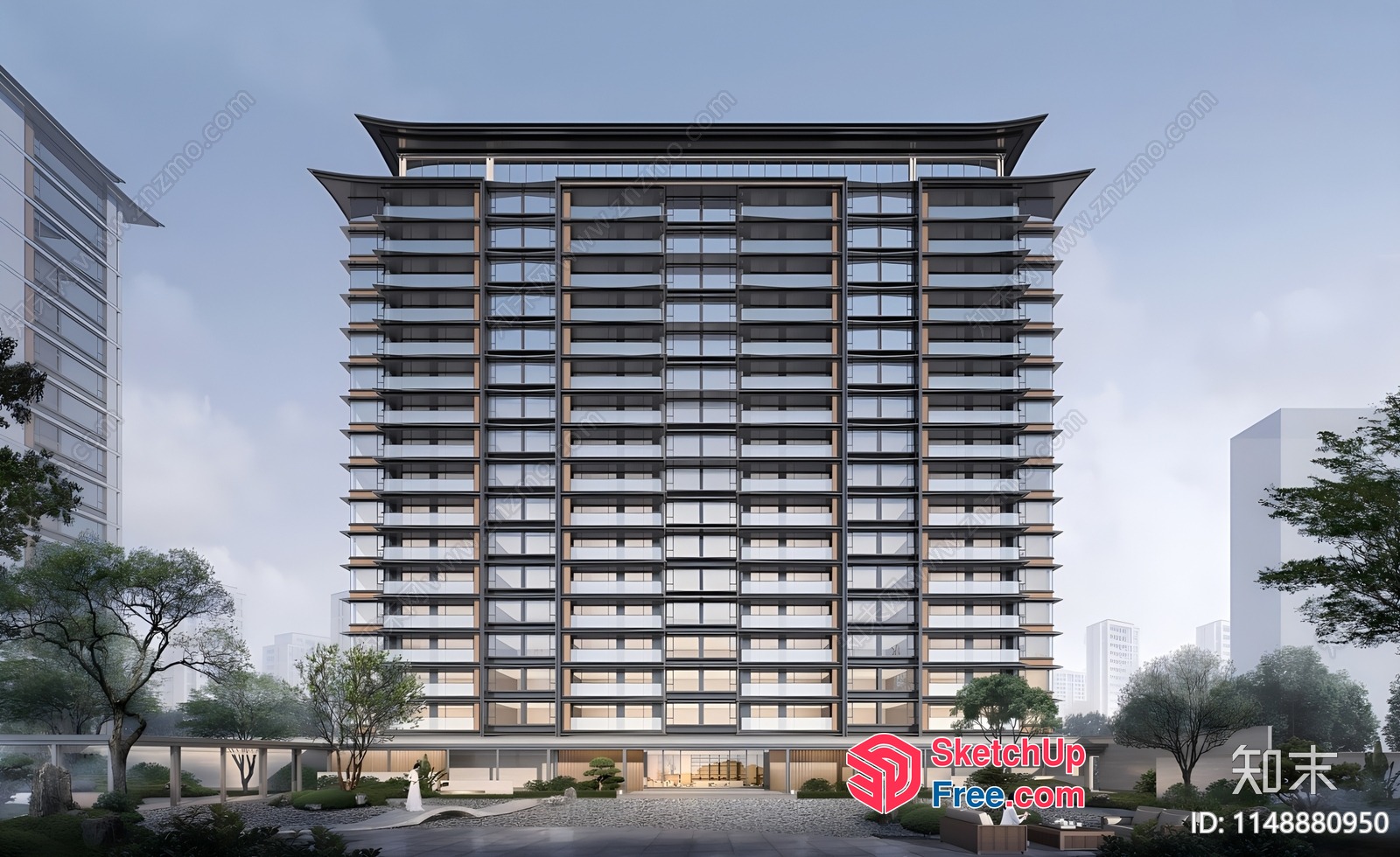 Modern Asian-Inspired High-Rise Building 3D SketchUp File